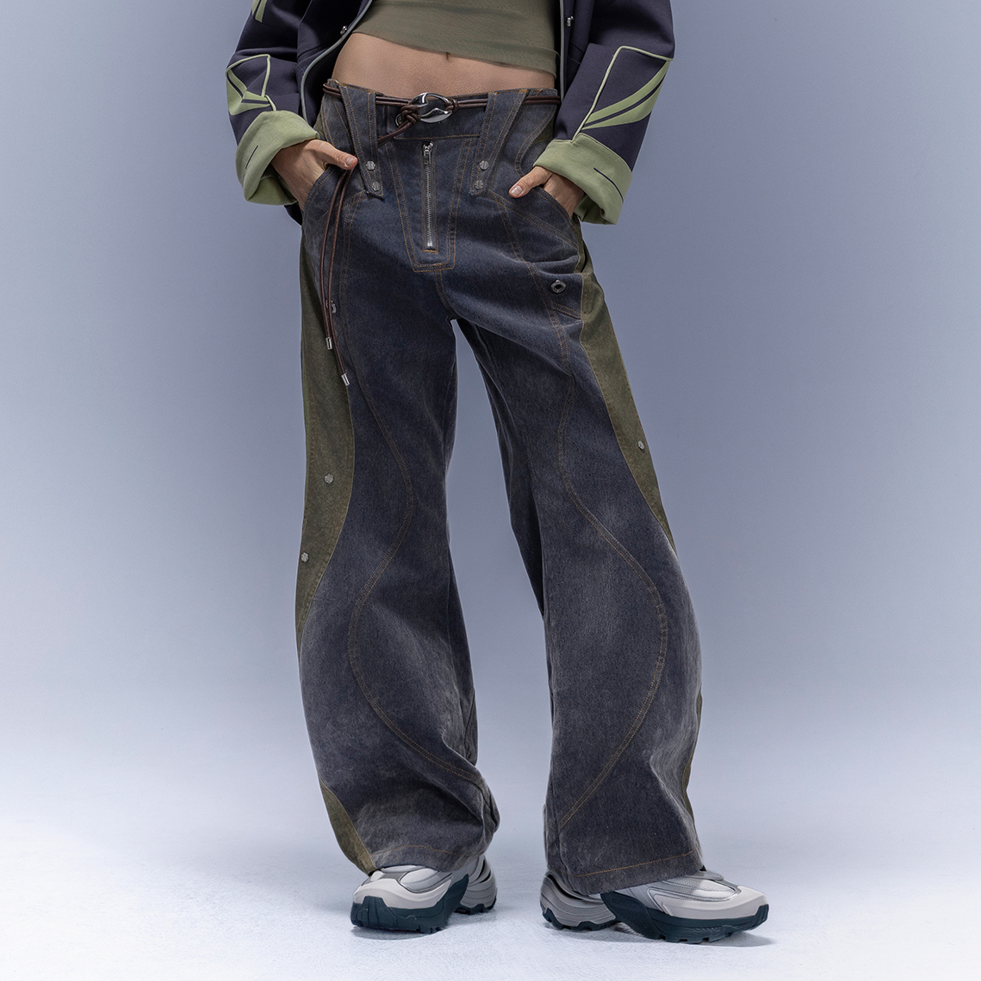 XIPHEVIL Washed Rivet Paneled Wide-Leg Pants