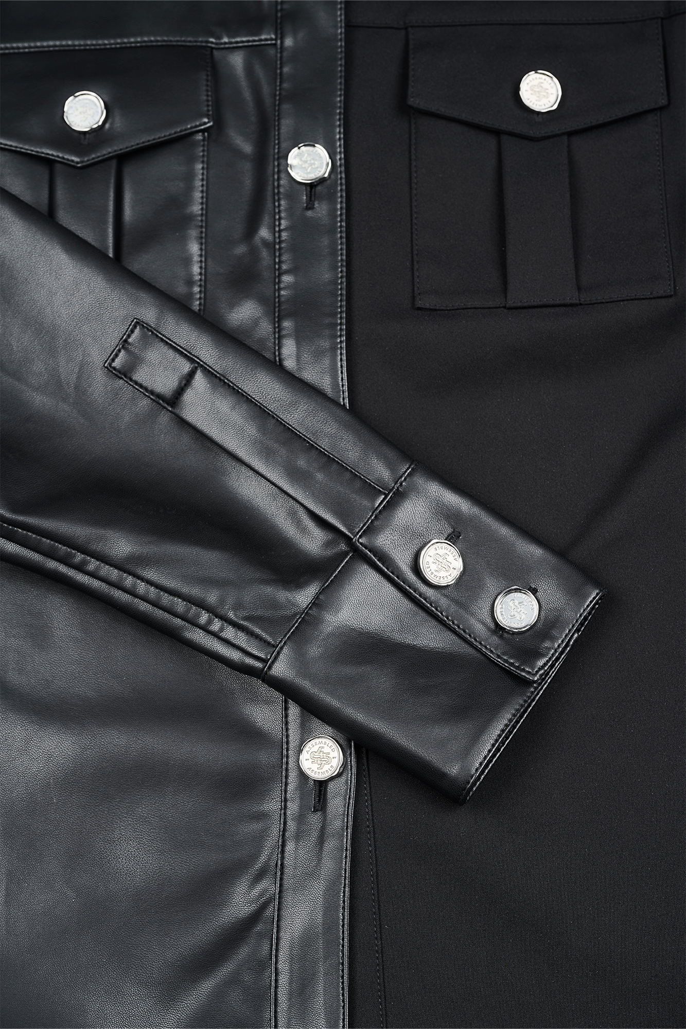 455EMBLE Faux Leather Panelled Epaulette Slim Shirt