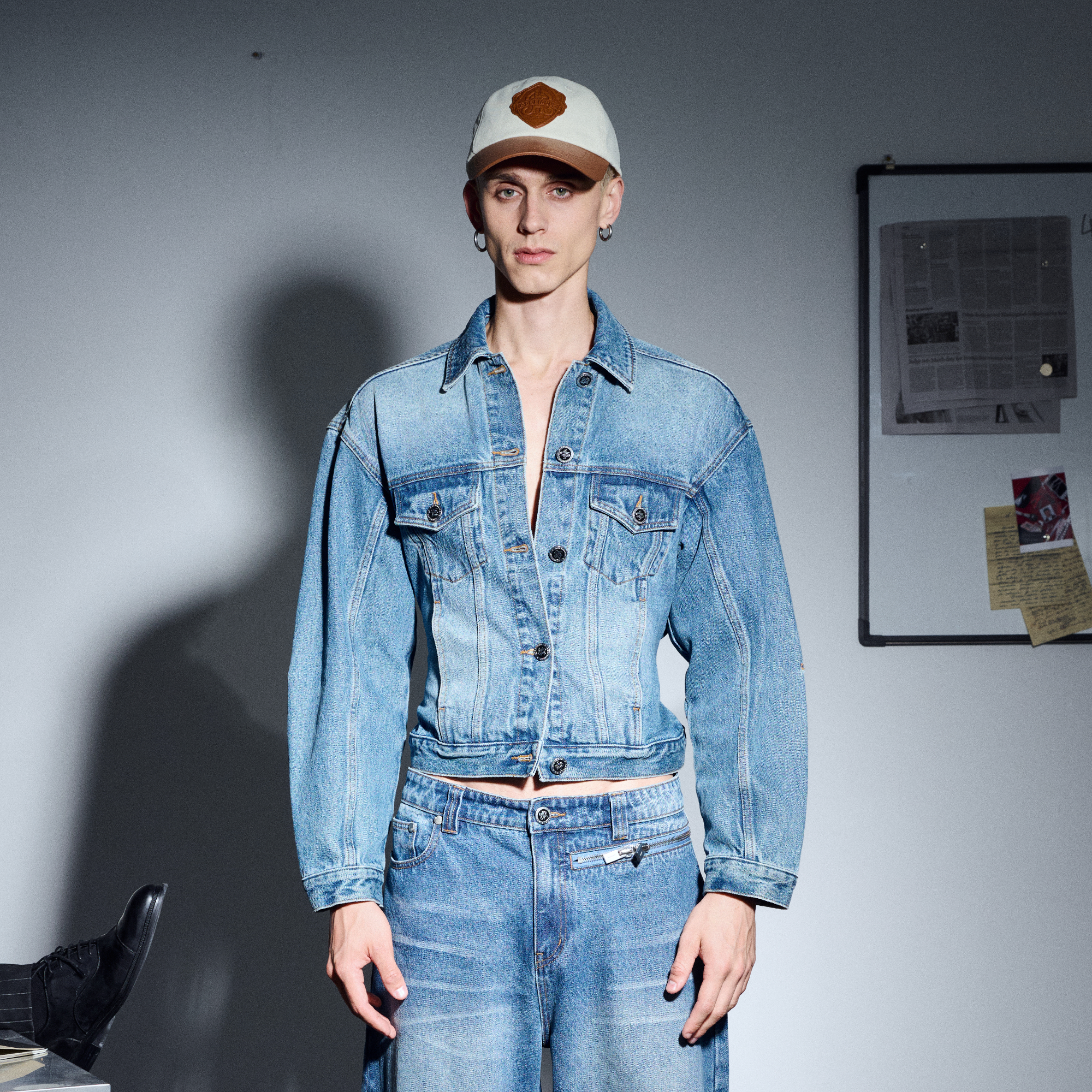 455EMBLE Washed Belted Waist-Cinched Denim Jacket