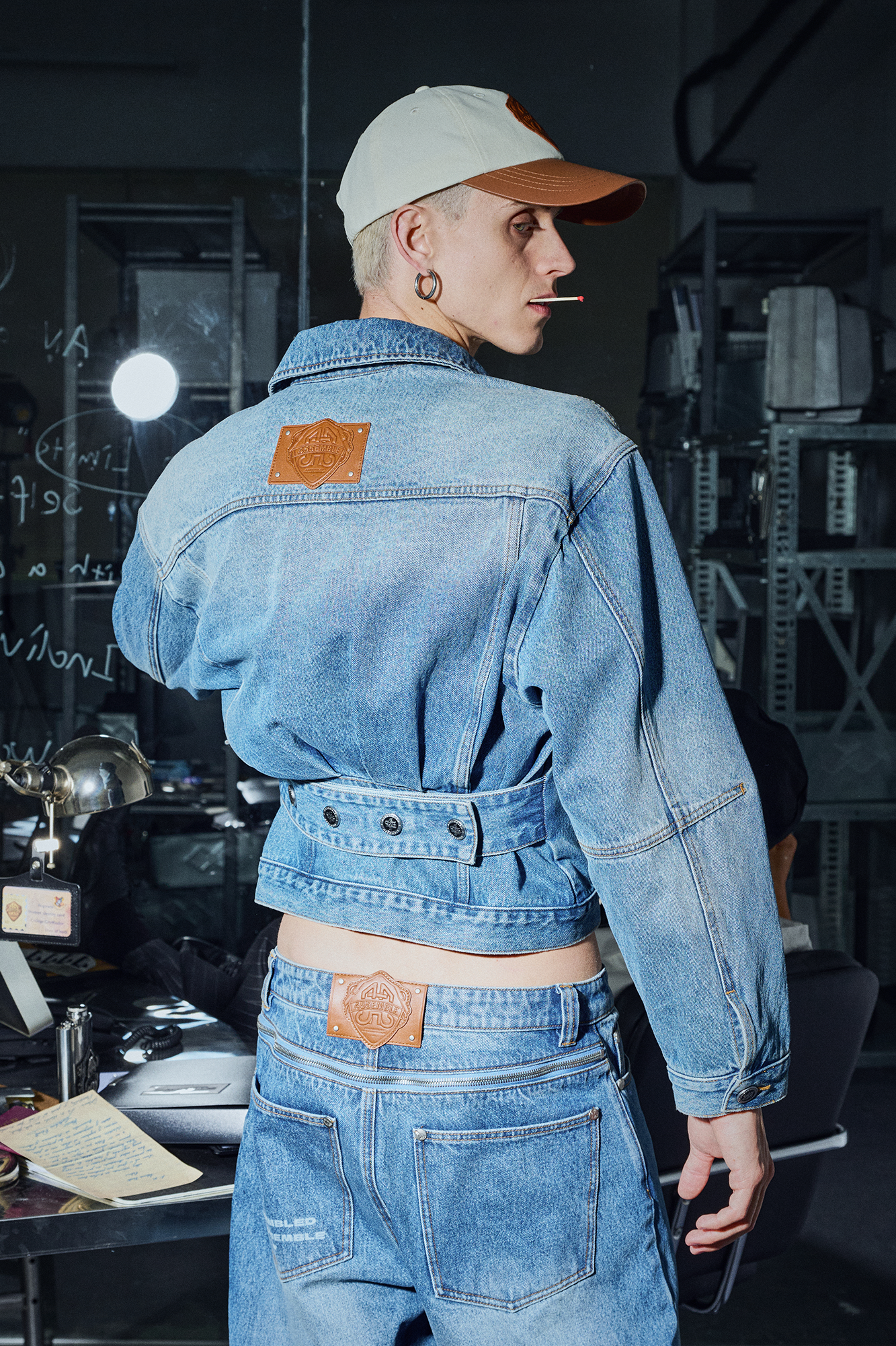 455EMBLE Washed Belted Waist-Cinched Denim Jacket