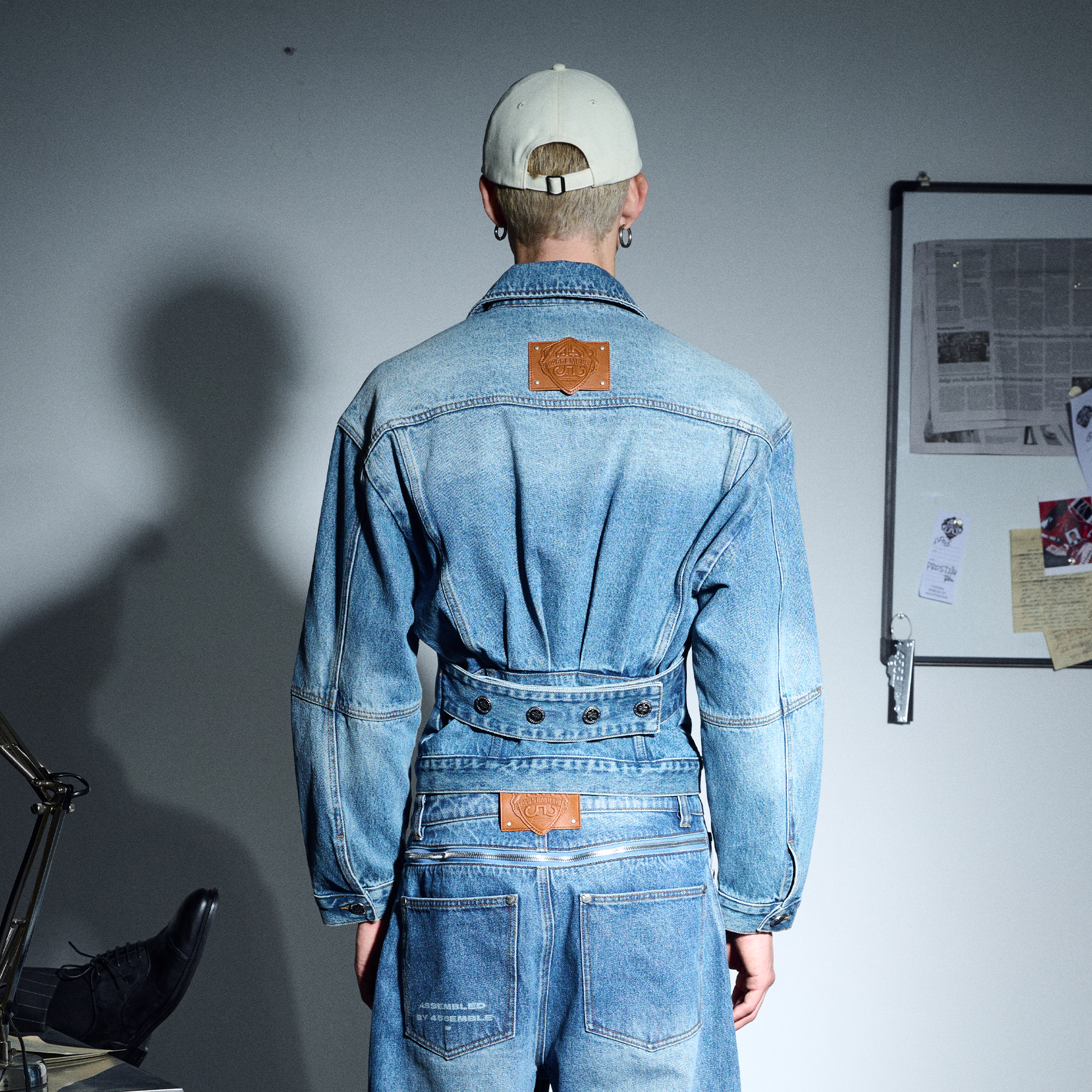 455EMBLE Washed Belted Waist-Cinched Denim Jacket