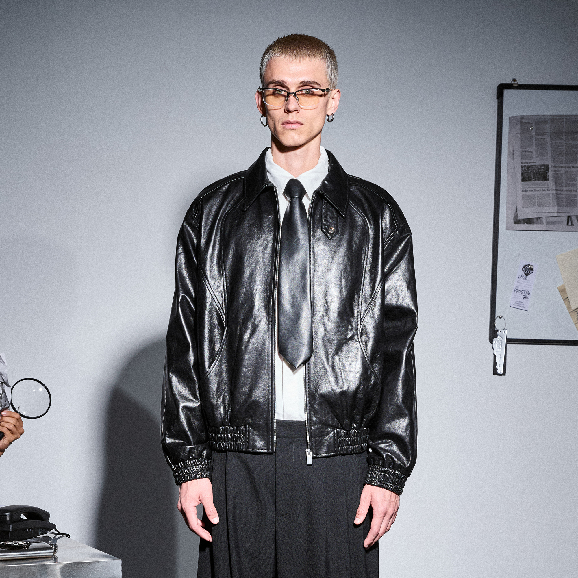 455EMBLE Glossy Leather Paneled Bomber Jacket