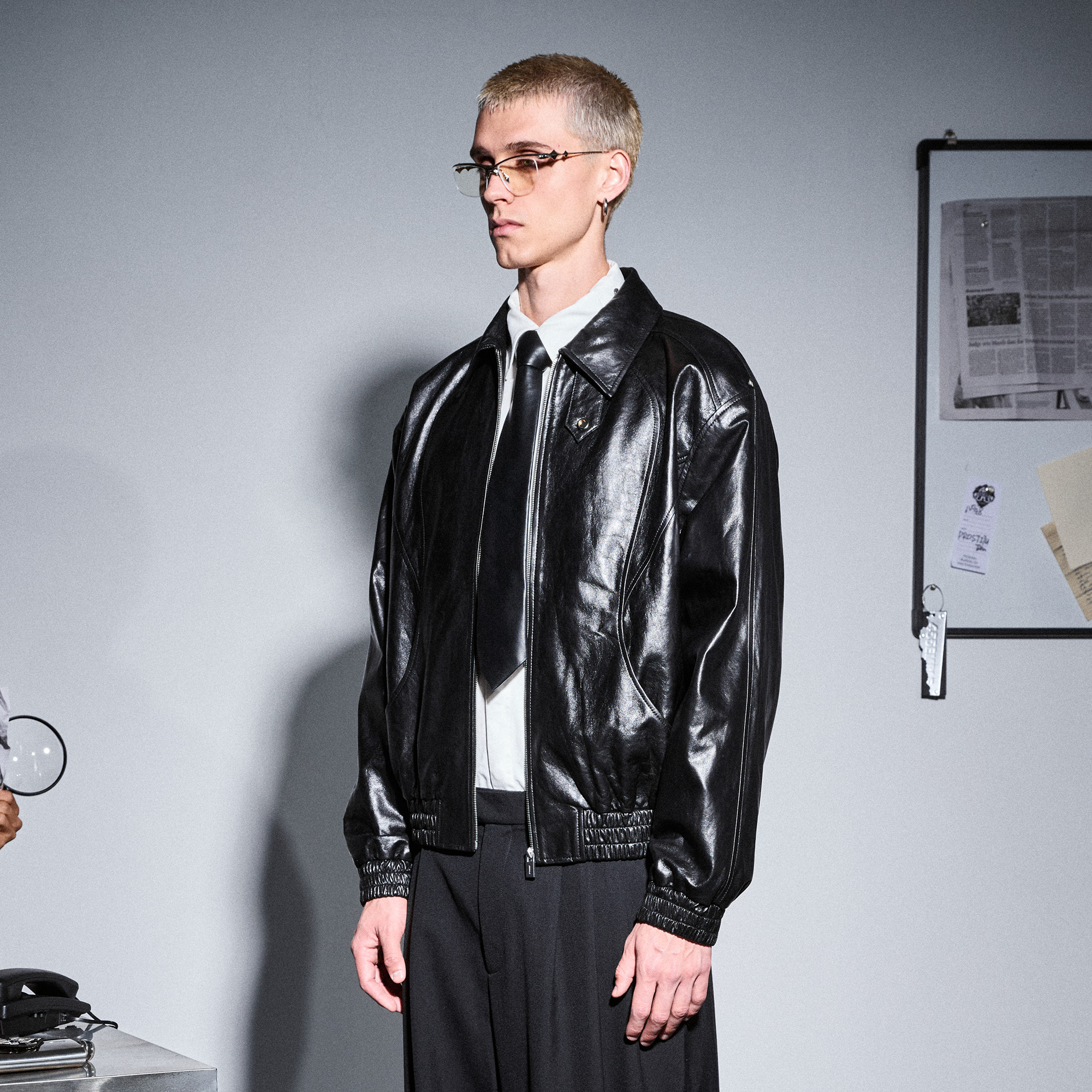 455EMBLE Glossy Leather Paneled Bomber Jacket