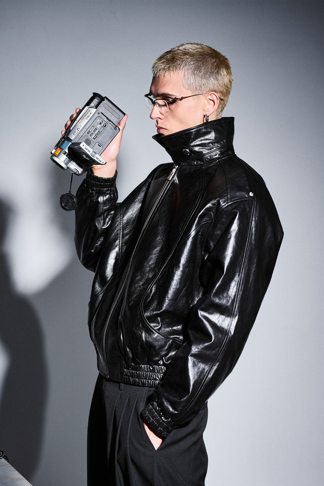 455EMBLE Glossy Leather Paneled Bomber Jacket