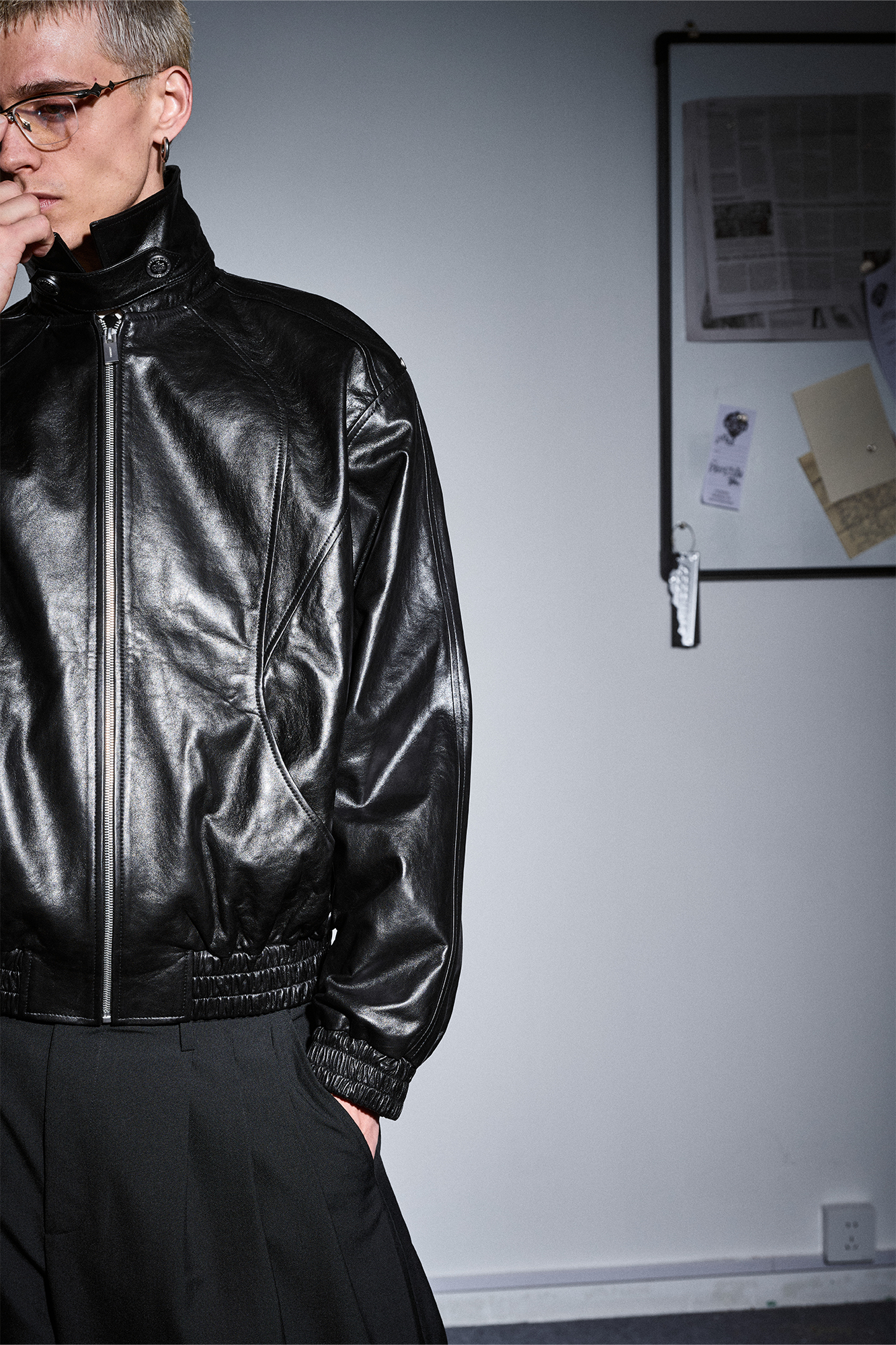 455EMBLE Glossy Leather Paneled Bomber Jacket