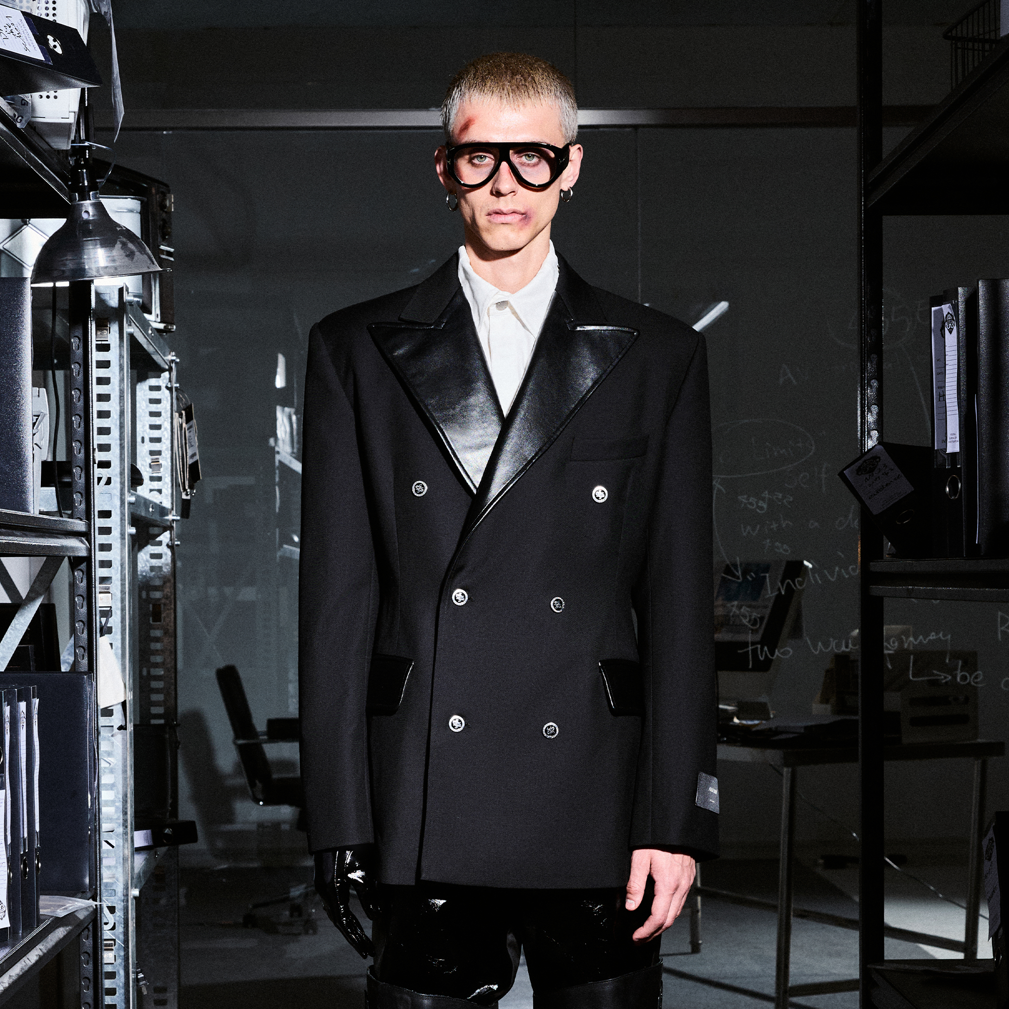 455EMBLE Paneled PU Lapel Waist-Cinched Blazer