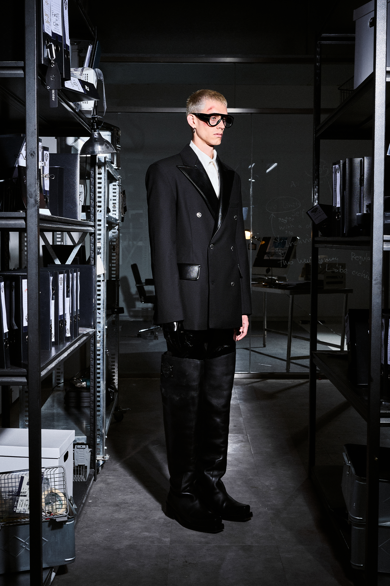 455EMBLE Paneled PU Lapel Waist-Cinched Blazer