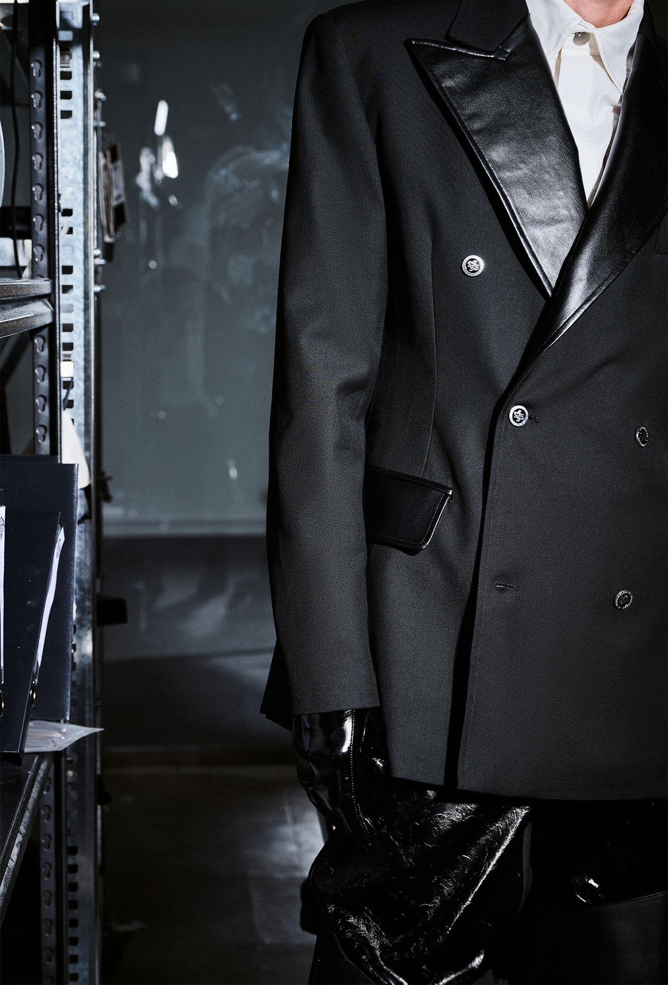 455EMBLE Paneled PU Lapel Waist-Cinched Blazer