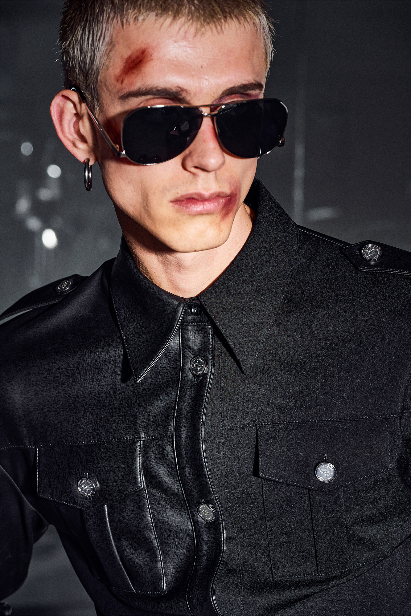 455EMBLE Faux Leather Panelled Epaulette Slim Shirt