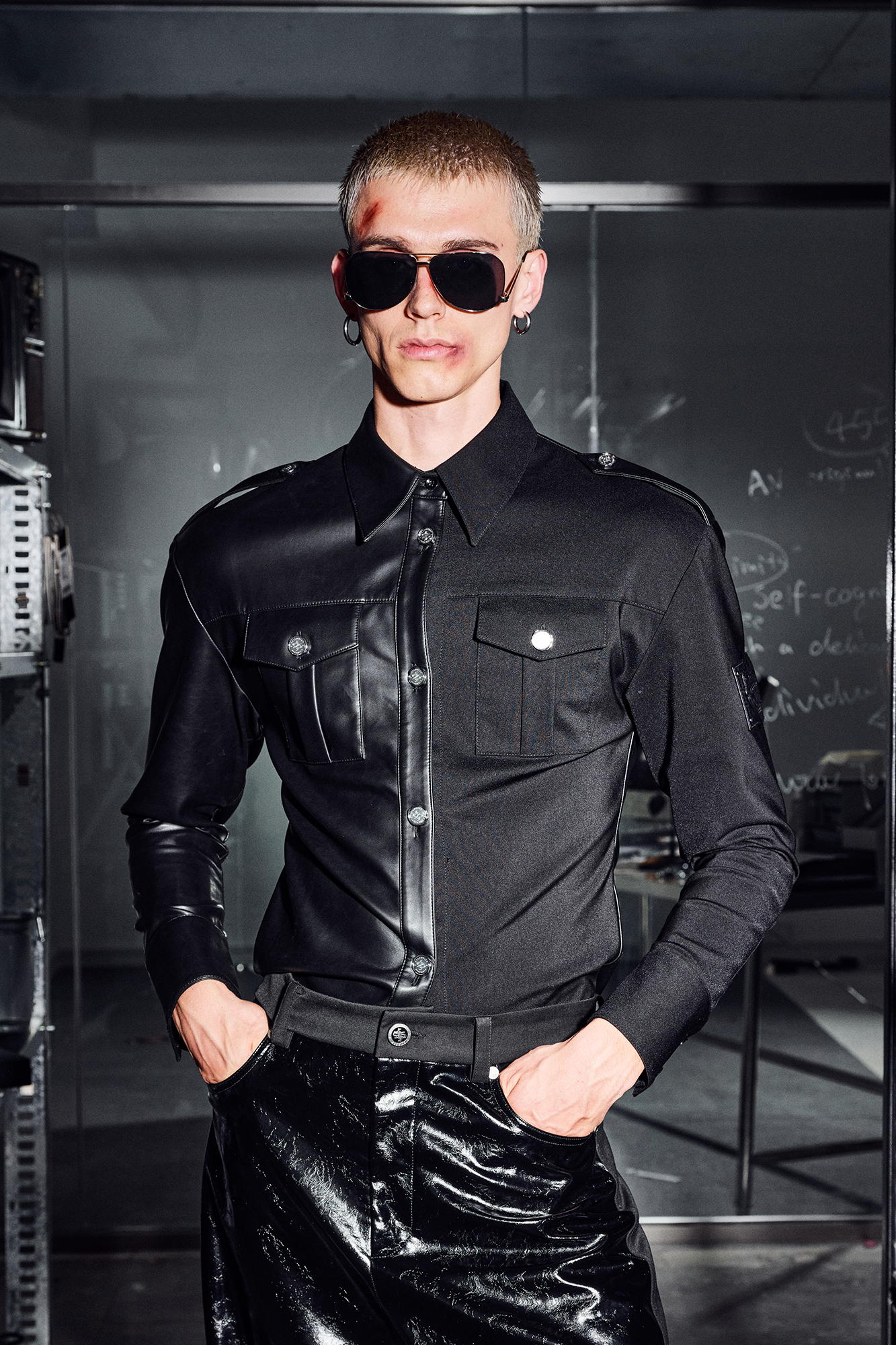 455EMBLE Faux Leather Panelled Epaulette Slim Shirt