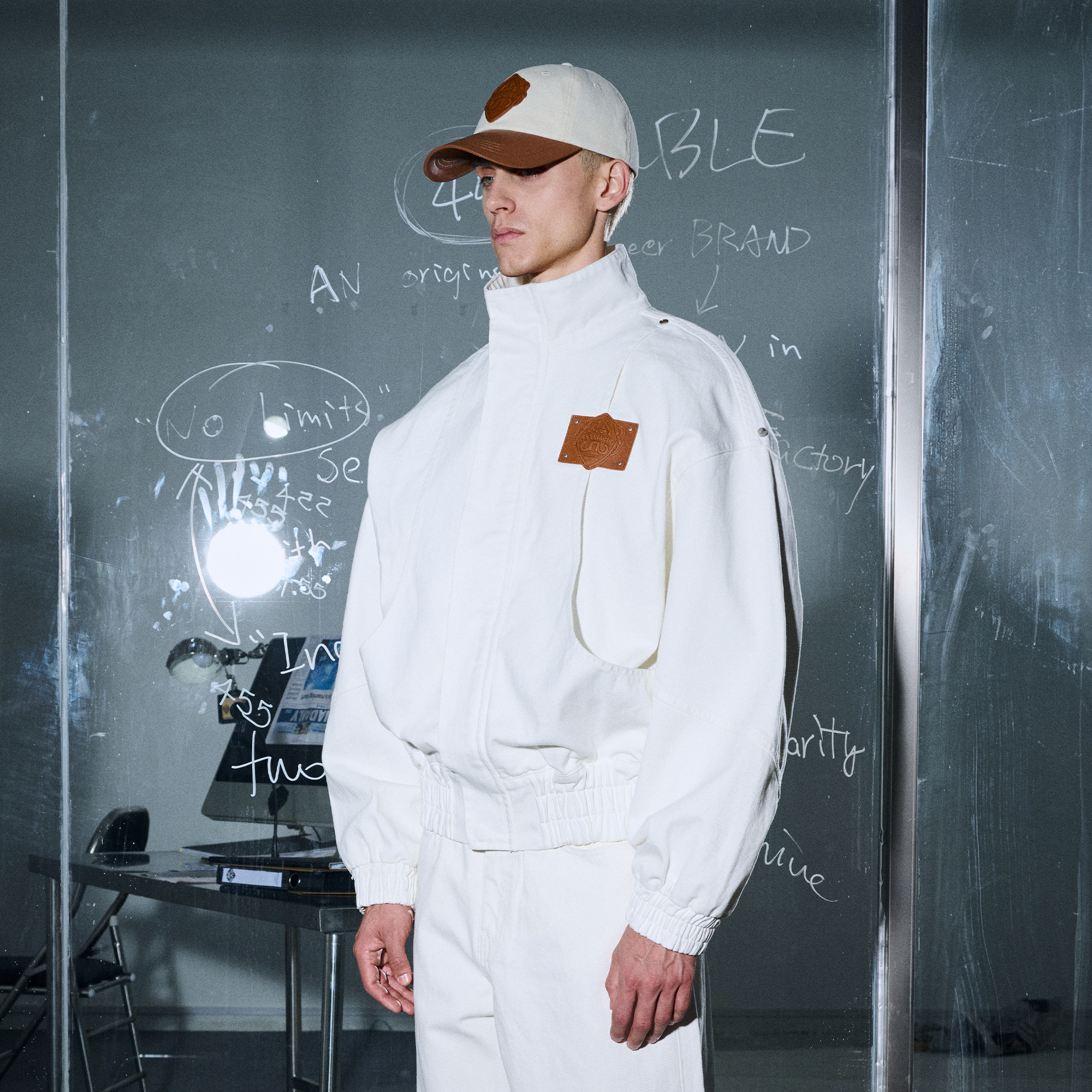 455EMBLE Faux leather Patch LOGO Denim Jacket