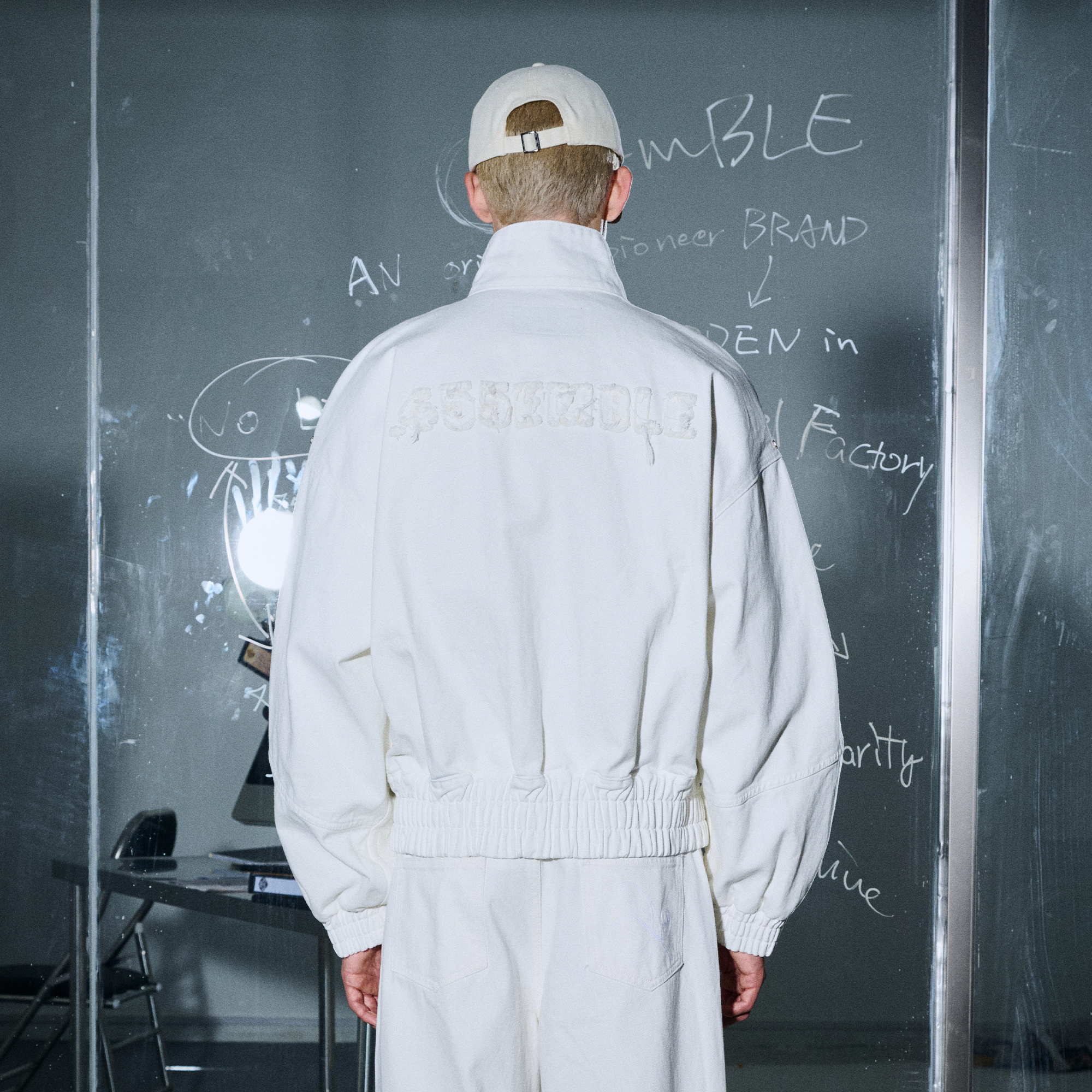 455EMBLE Faux leather Patch LOGO Denim Jacket