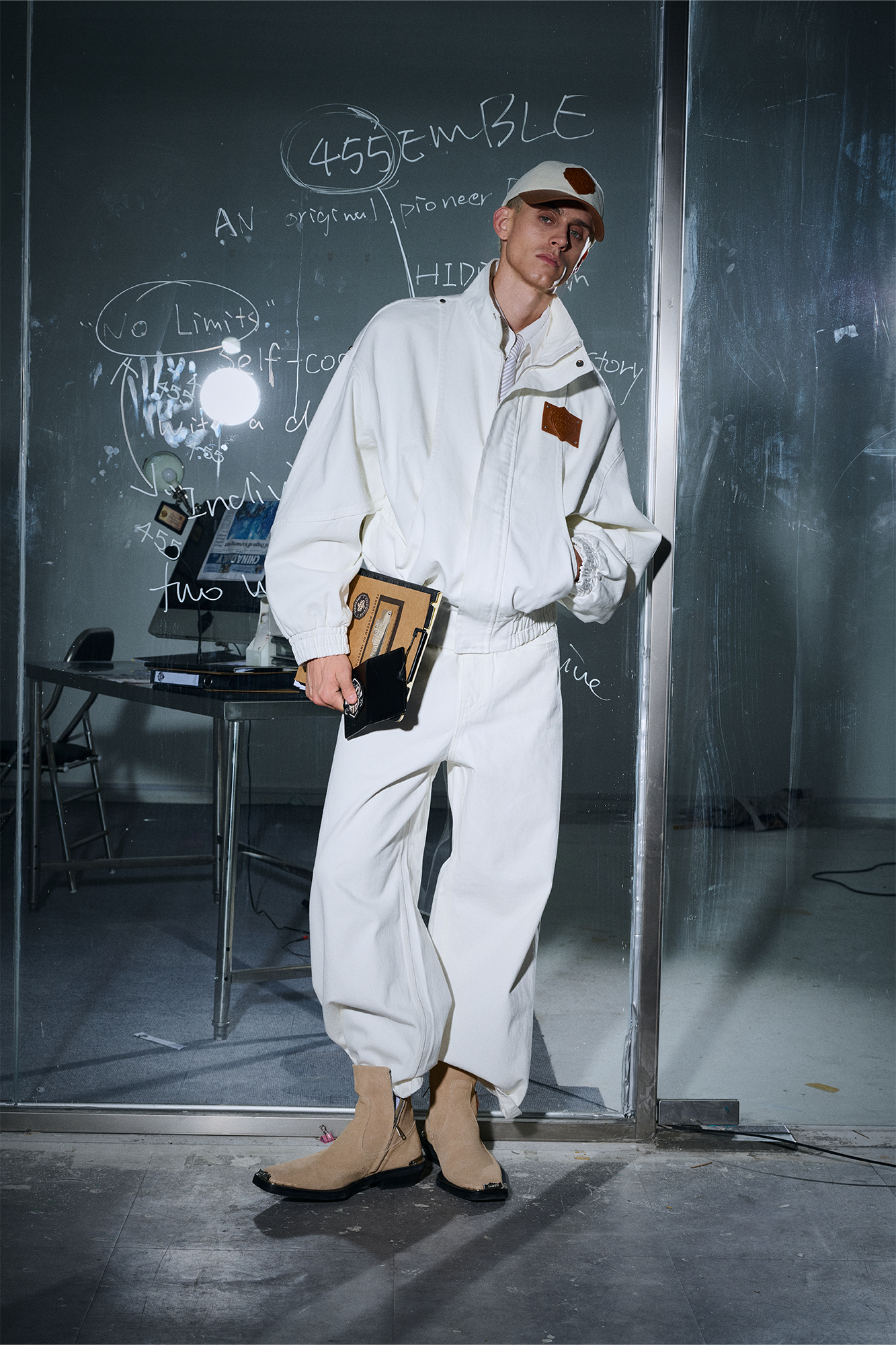 455EMBLE Faux leather Patch LOGO Denim Jacket