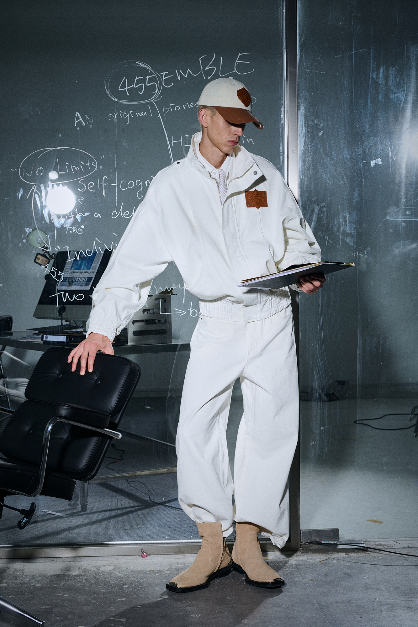 455EMBLE Faux leather Patch LOGO Denim Jacket