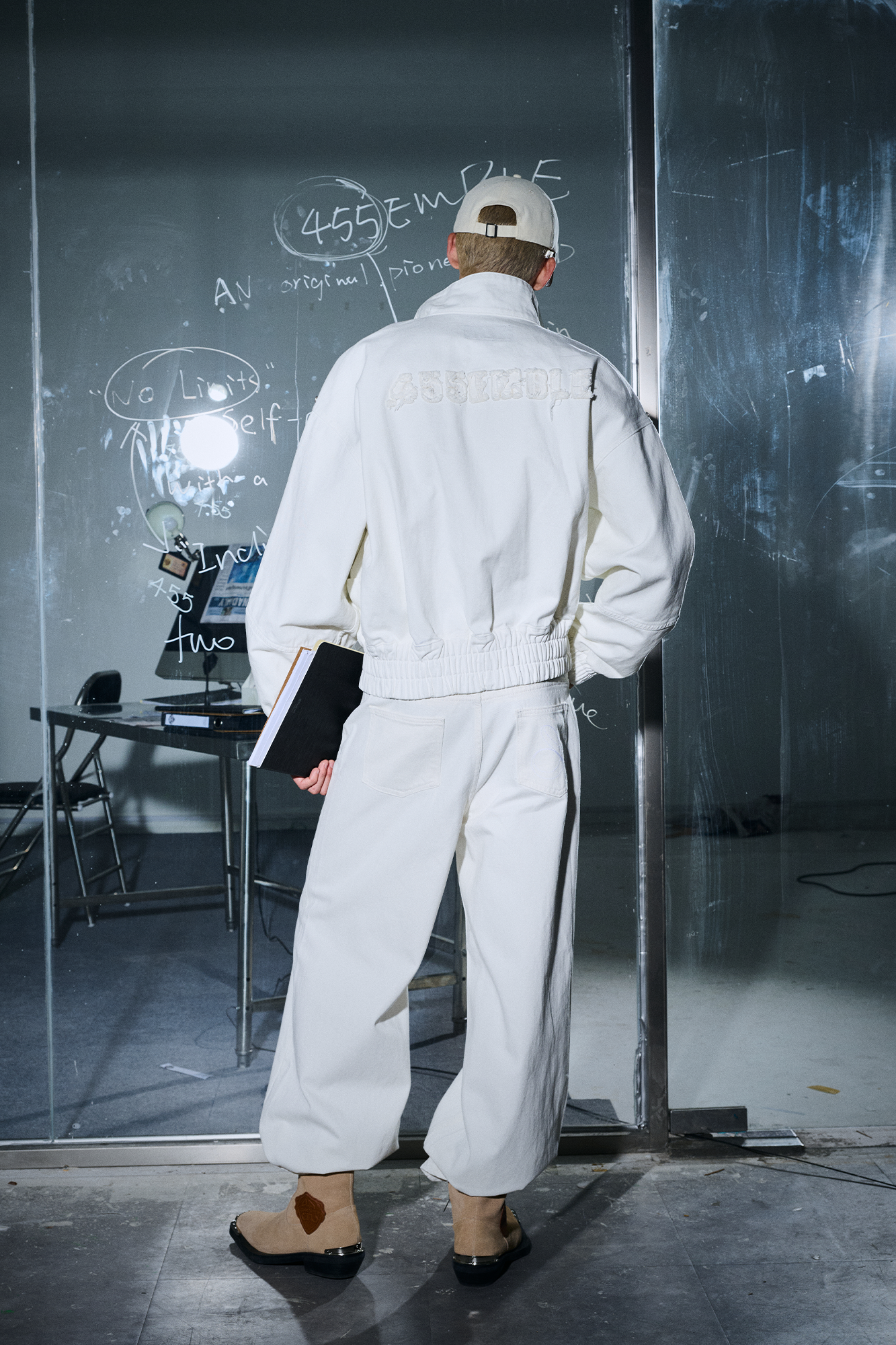 455EMBLE Faux leather Patch LOGO Denim Jacket