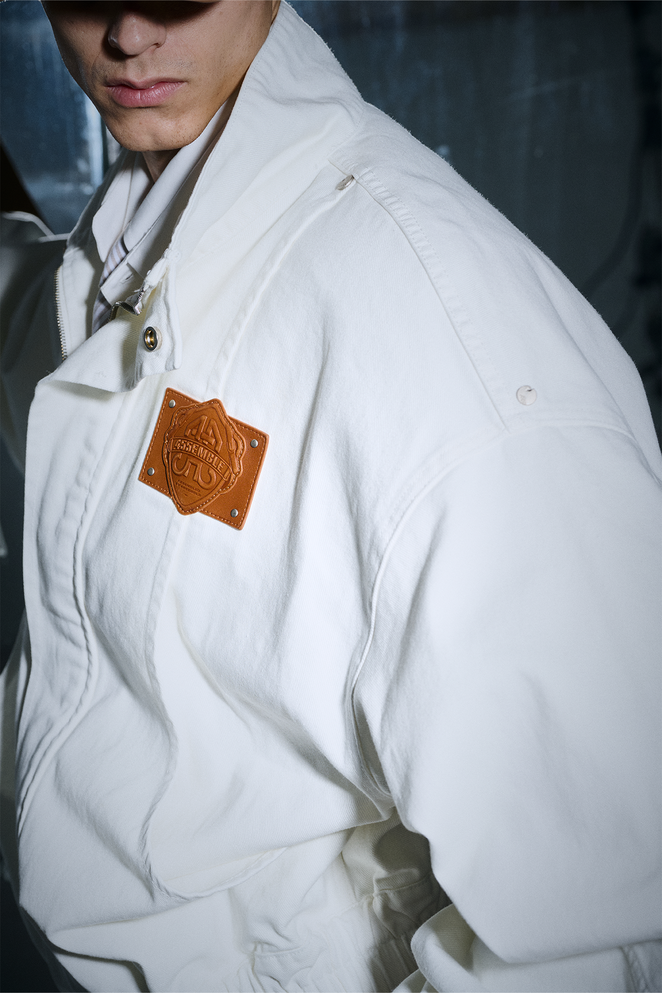 455EMBLE Faux leather Patch LOGO Denim Jacket