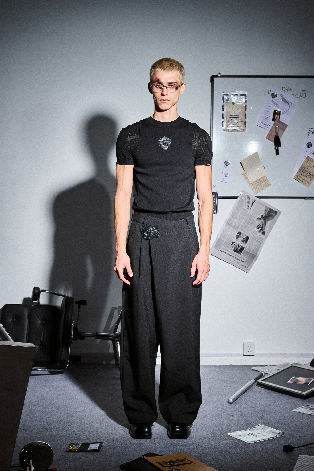 455EMBLE Asymmetric Waist Patch Wide-Leg Trousers