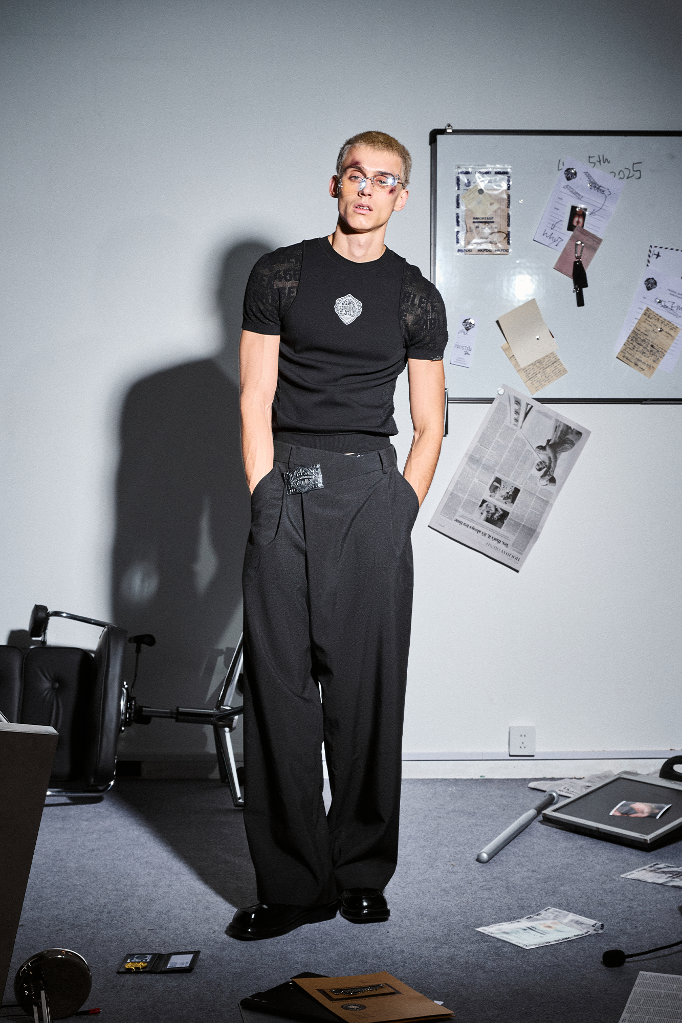 455EMBLE Asymmetric Waist Patch Wide-Leg Trousers