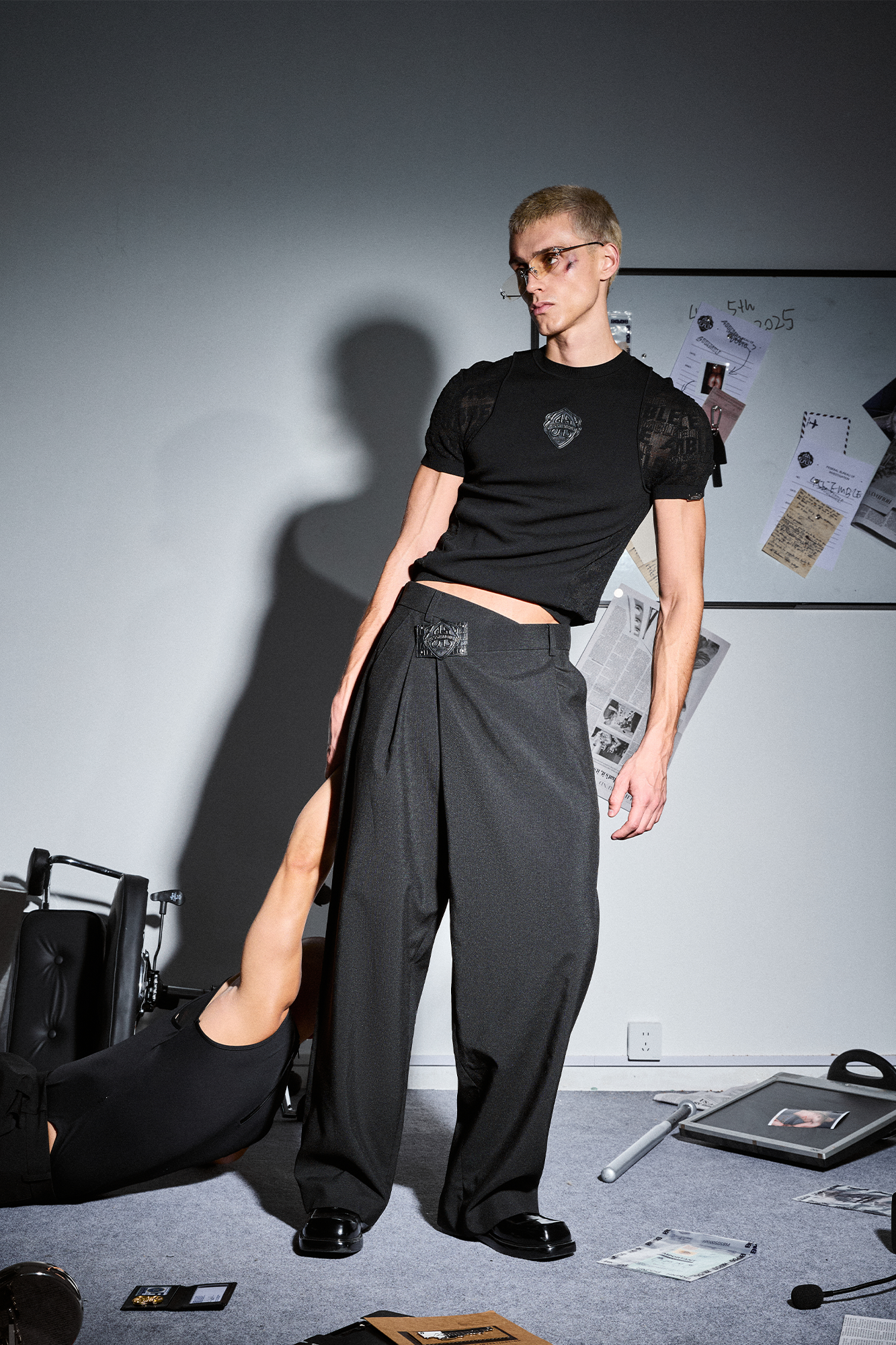 455EMBLE Asymmetric Waist Patch Wide-Leg Trousers