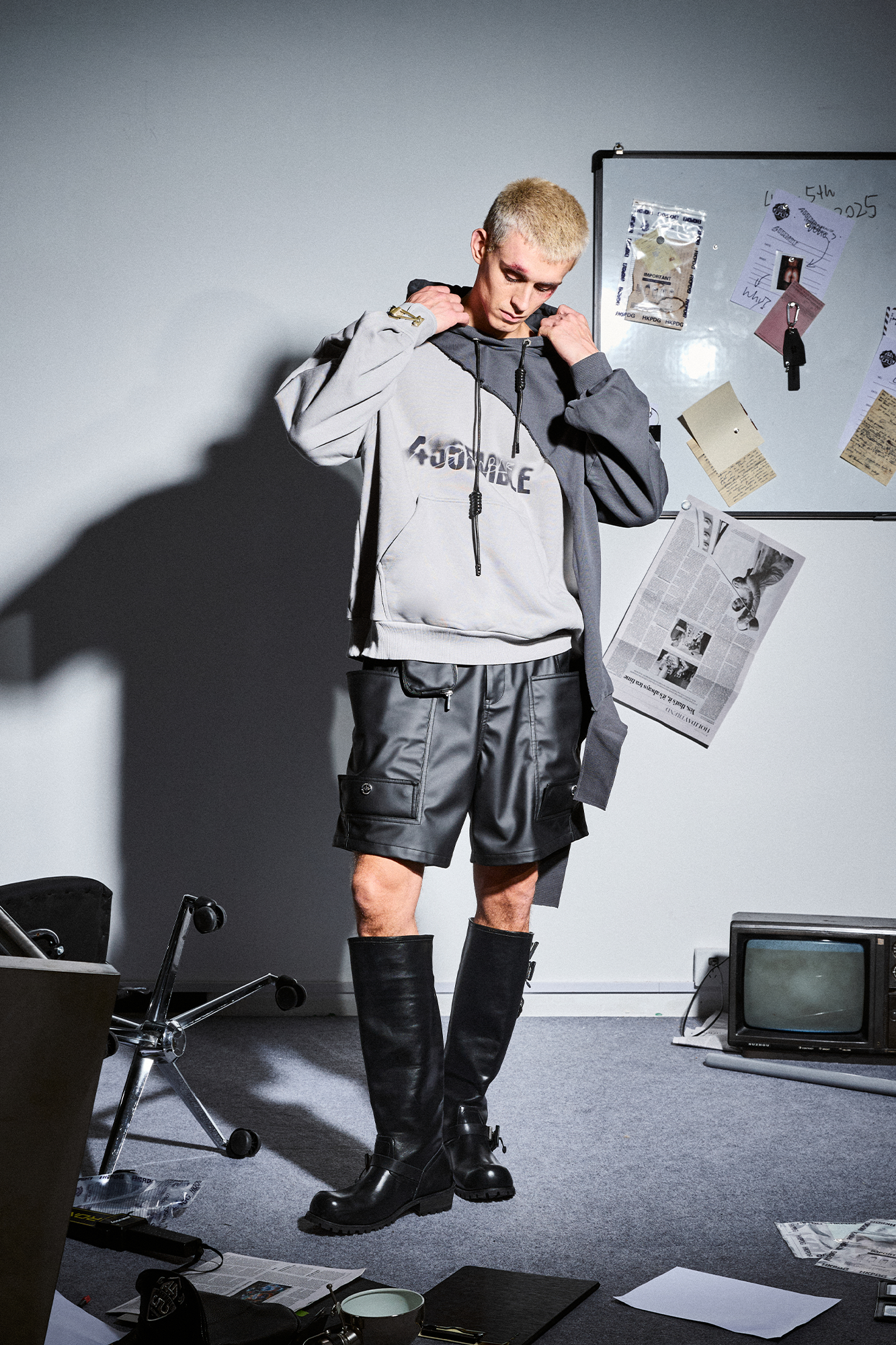 455EMBLE Distressed Spliced Contrast Hoodie