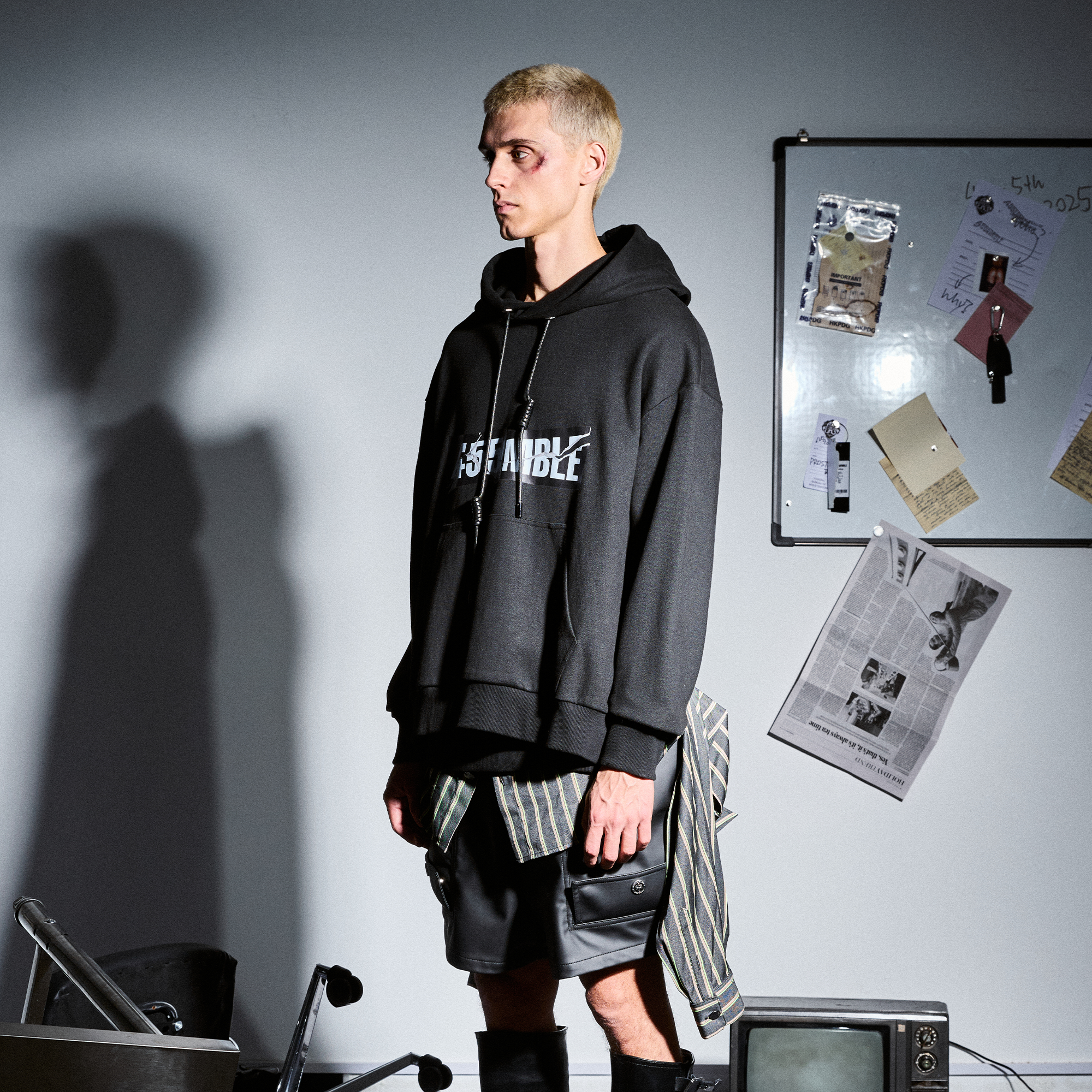 455EMBLE Deconstructed Layered Stripes Shirt-Paneled Hoodie