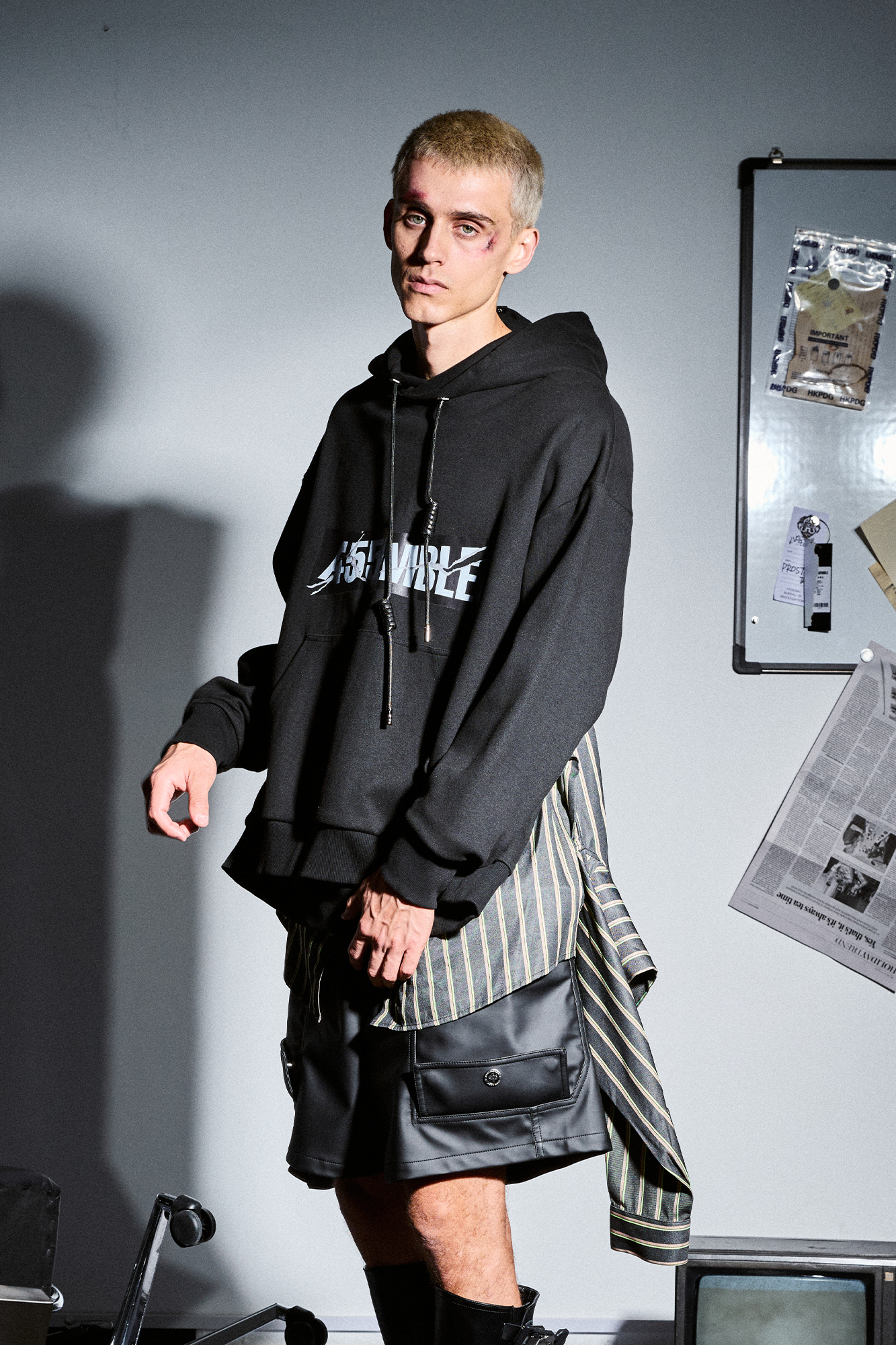 455EMBLE Deconstructed Layered Stripes Shirt-Paneled Hoodie