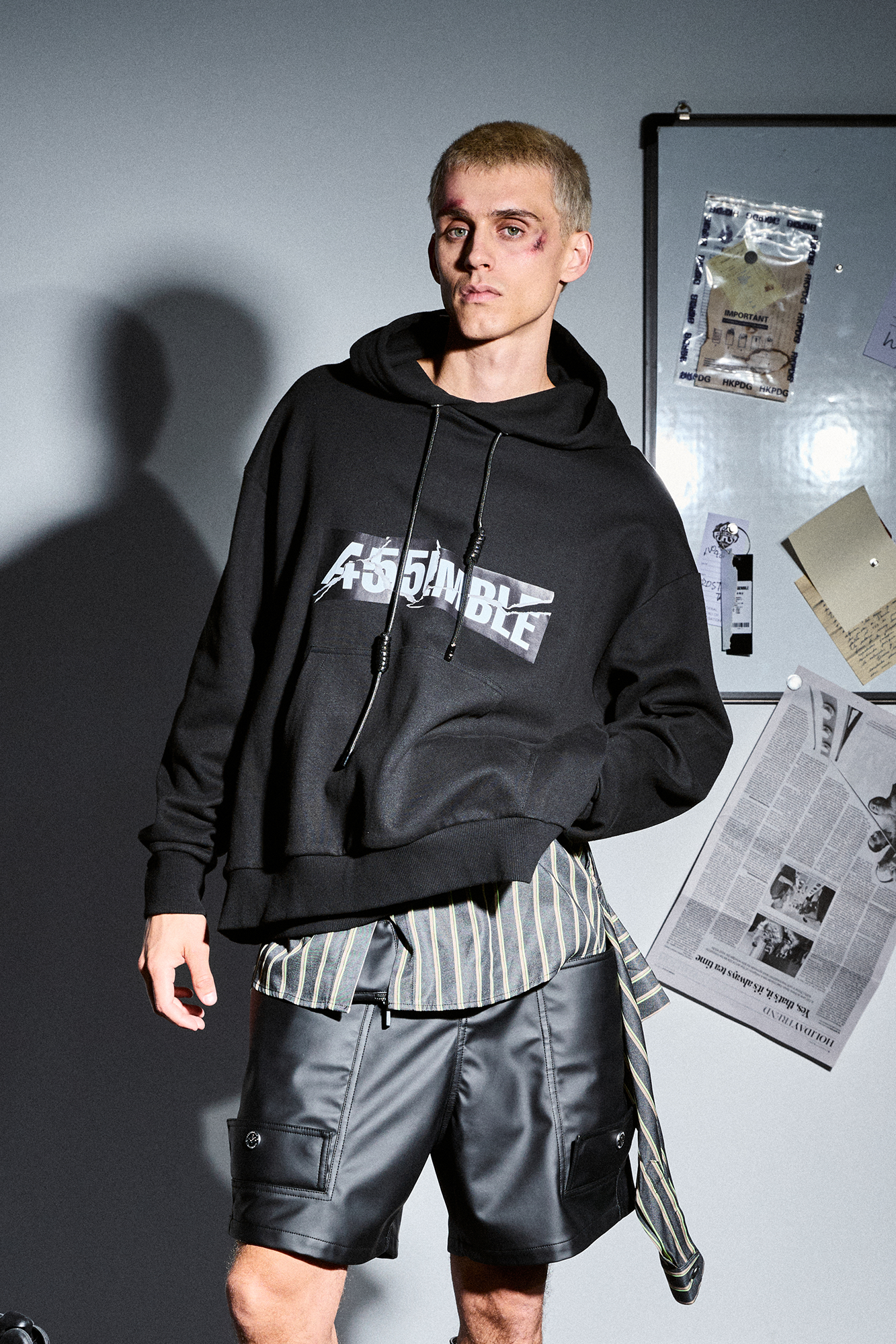 455EMBLE Deconstructed Layered Stripes Shirt-Paneled Hoodie