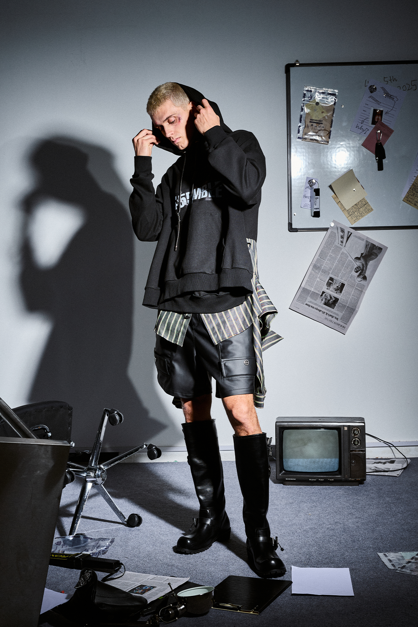 455EMBLE Deconstructed Layered Stripes Shirt-Paneled Hoodie