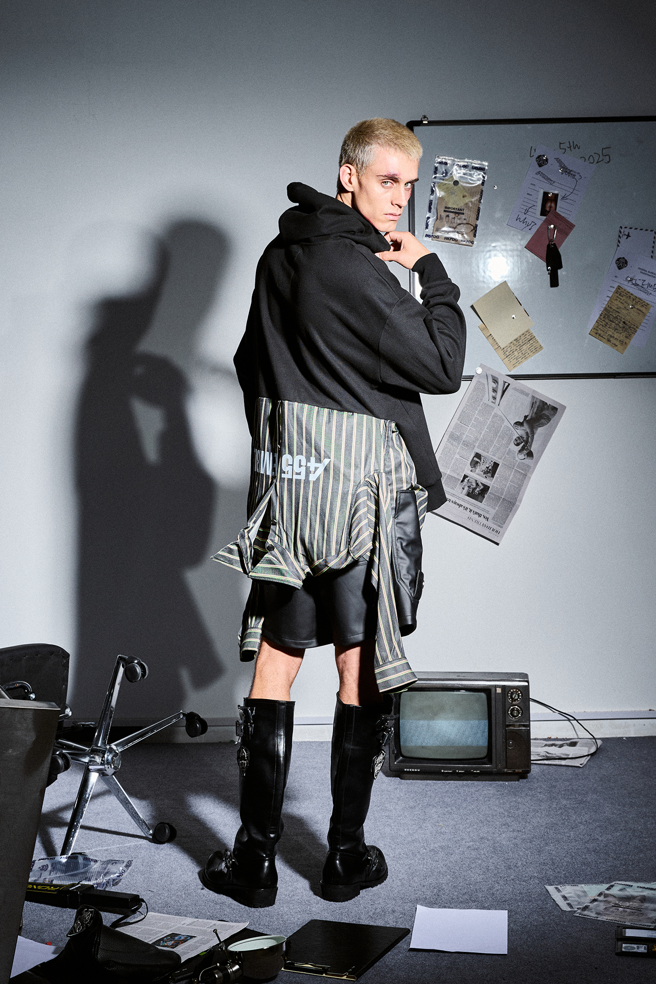 455EMBLE Deconstructed Layered Stripes Shirt-Paneled Hoodie