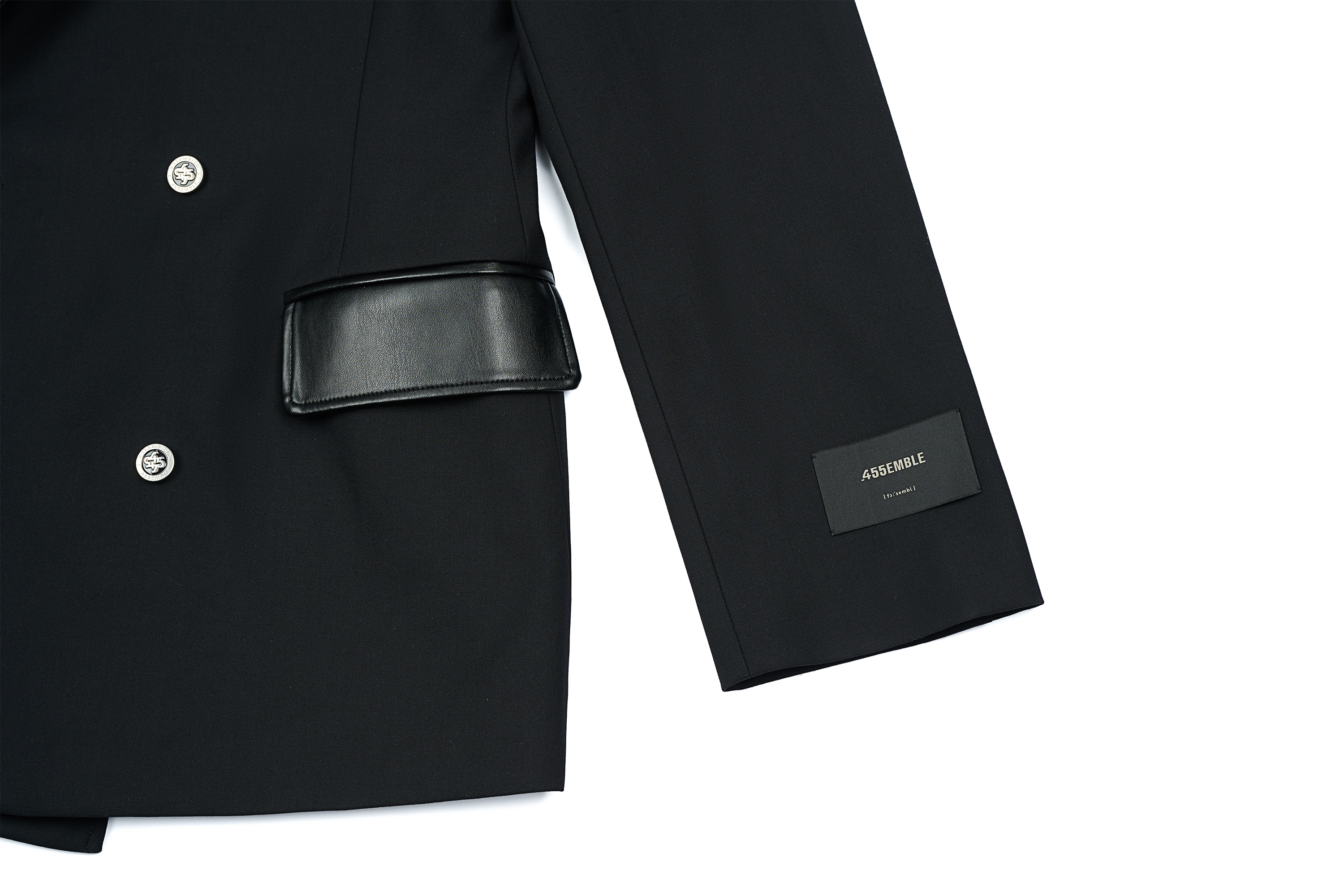 455EMBLE Paneled PU Lapel Waist-Cinched Blazer