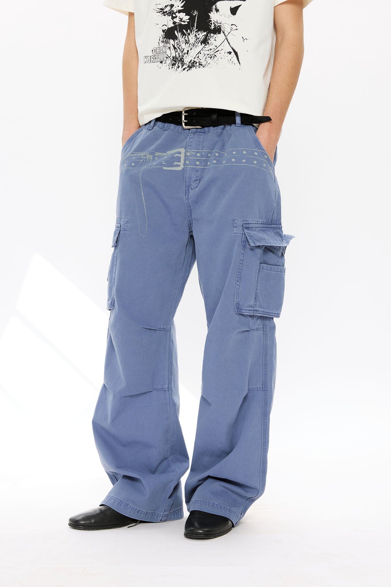 KREATE Washed Belt Graphic Crinkled Cargo Pants, premium urban and streetwear designers apparel on PROJECTISR.com, KREATE