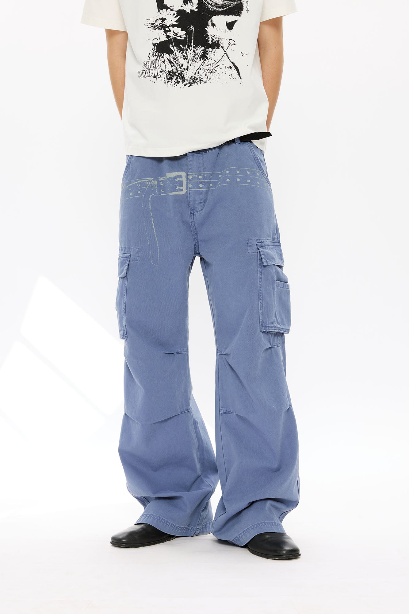 KREATE Washed Belt Graphic Crinkled Cargo Pants, premium urban and streetwear designers apparel on PROJECTISR.com, KREATE
