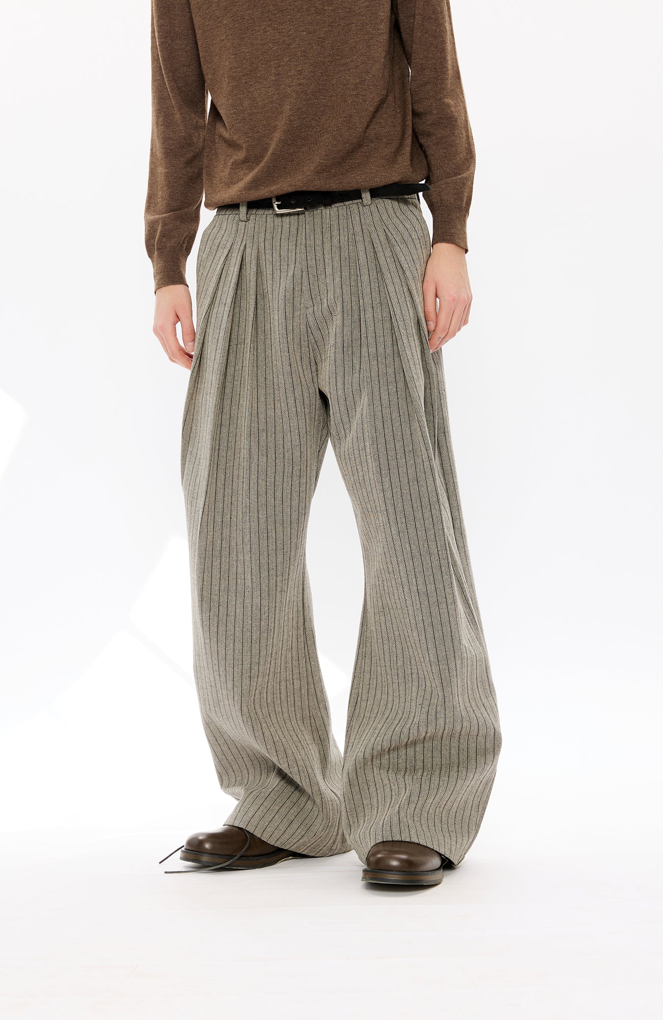 KREATE Pinstripe Pleated Draped Wide Trousers, premium urban and streetwear designers apparel on PROJECTISR.com, KREATE