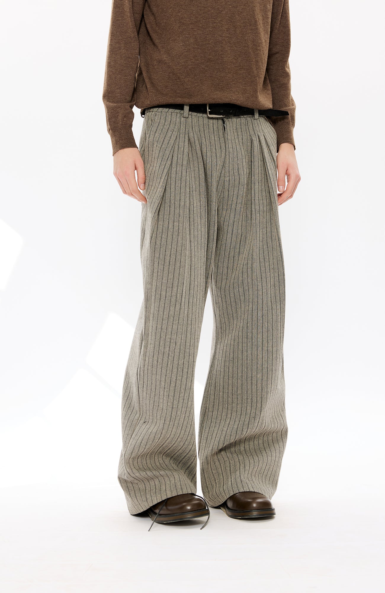 KREATE Pinstripe Pleated Draped Wide Trousers, premium urban and streetwear designers apparel on PROJECTISR.com, KREATE