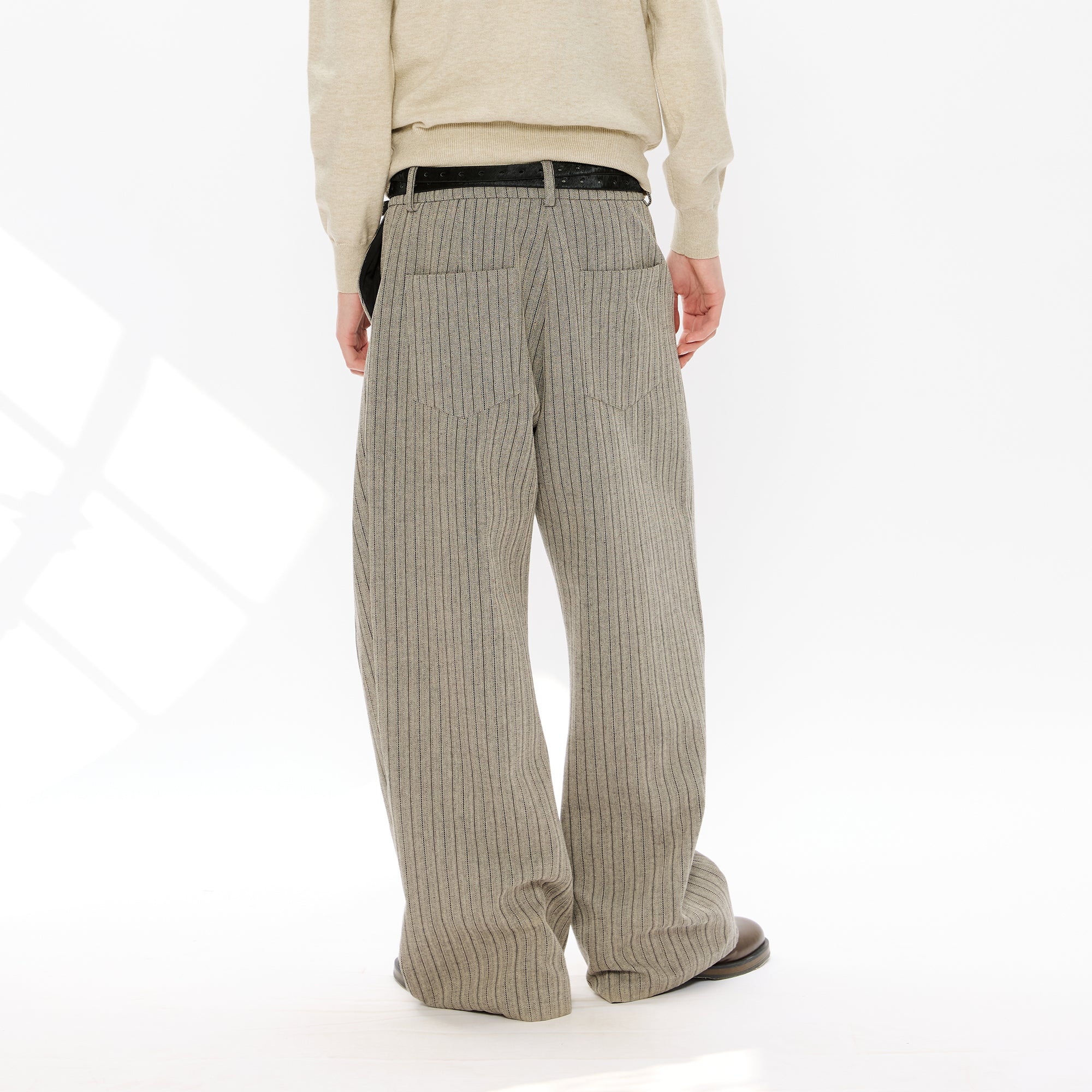 KREATE Pinstripe Pleated Draped Wide Trousers, premium urban and streetwear designers apparel on PROJECTISR.com, KREATE