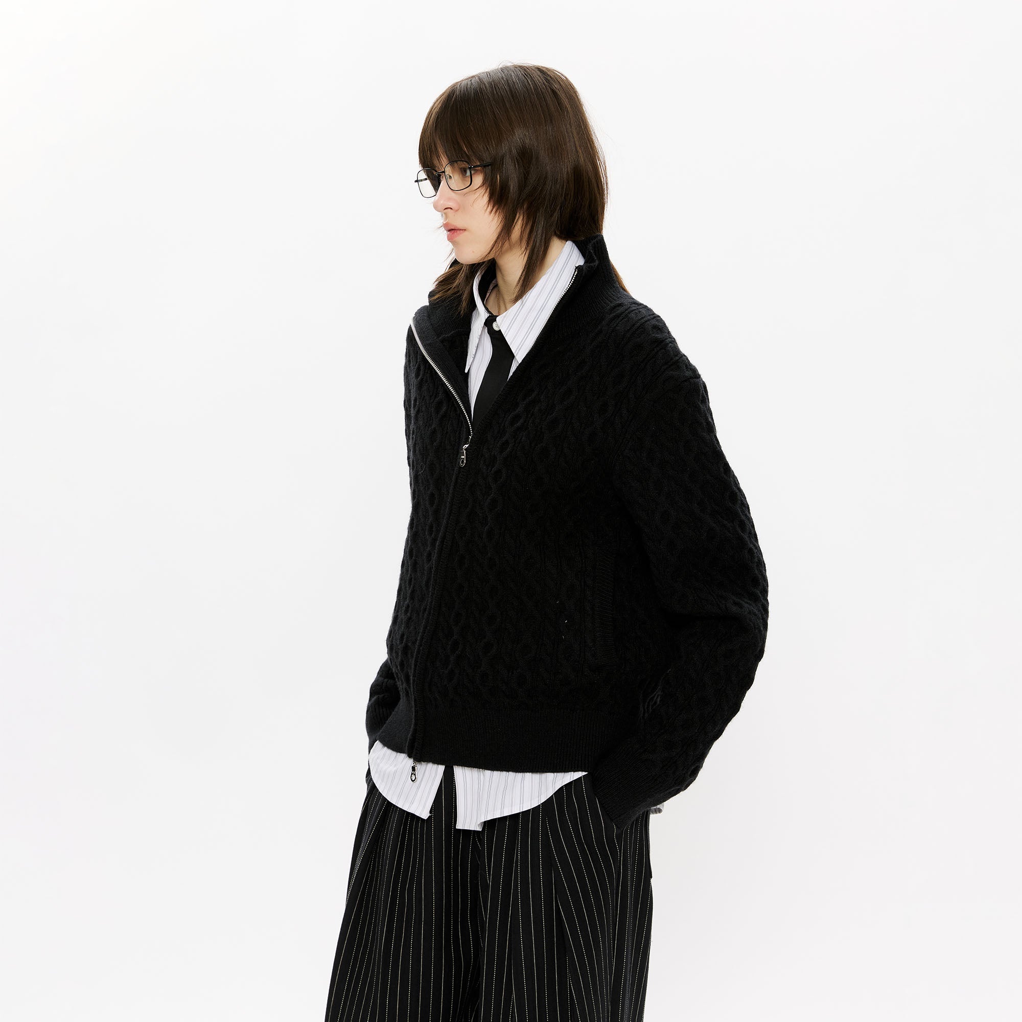 KREATE Asymmetrical Zip Cable-Knit Sweater, premium urban and streetwear designers apparel on PROJECTISR.com, KREATE