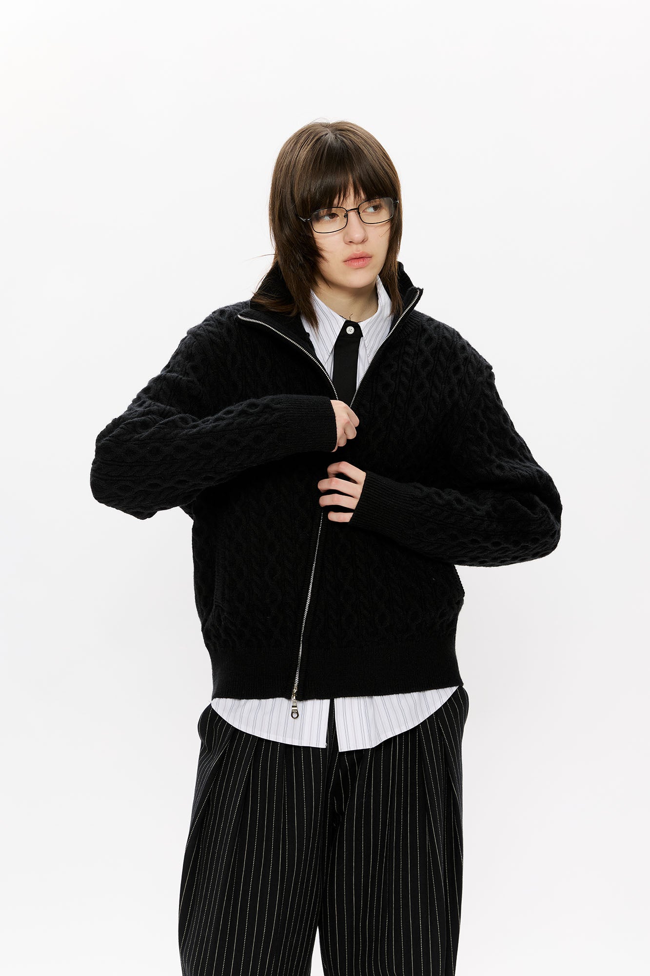 KREATE Asymmetrical Zip Cable-Knit Sweater, premium urban and streetwear designers apparel on PROJECTISR.com, KREATE
