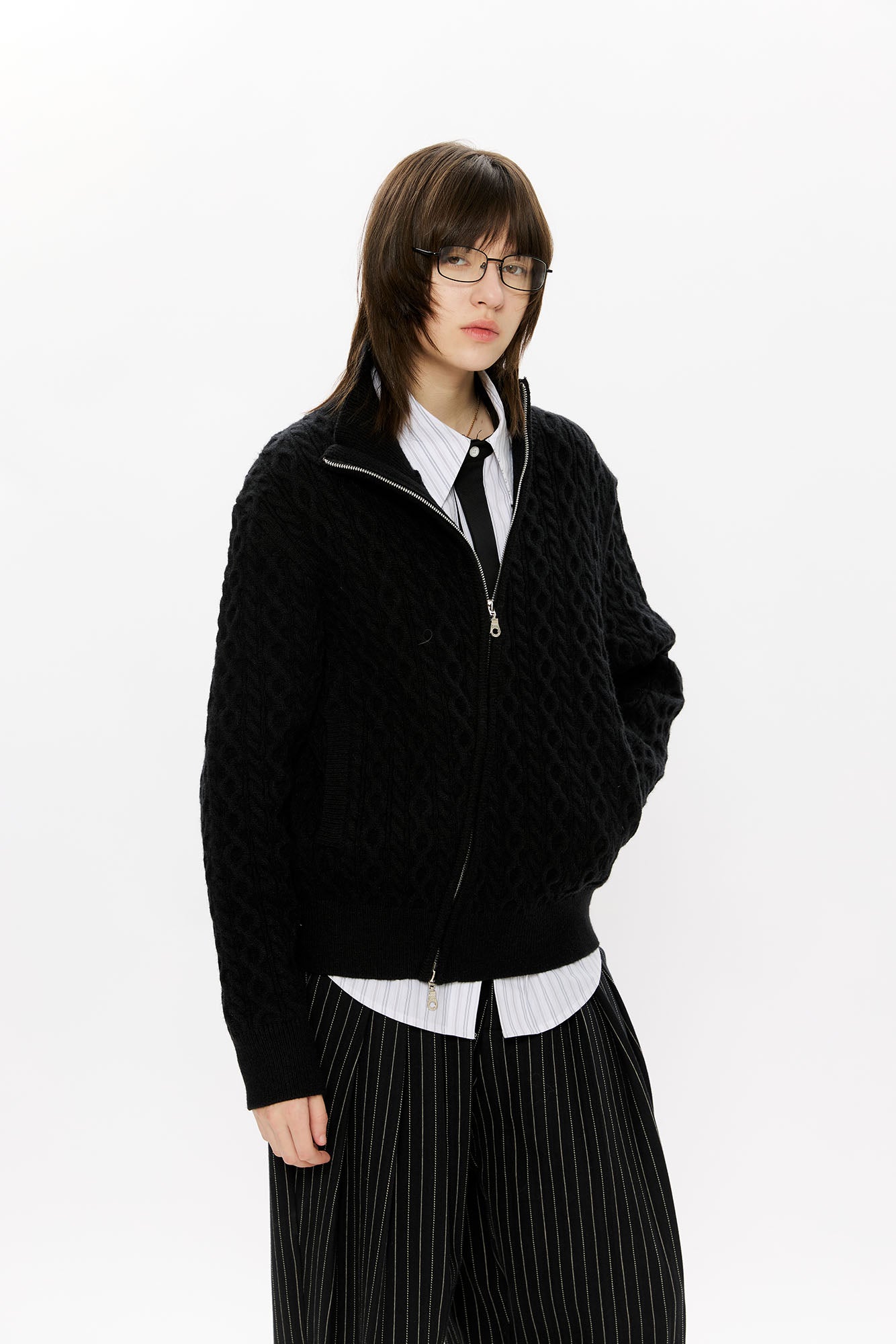 KREATE Asymmetrical Zip Cable-Knit Sweater, premium urban and streetwear designers apparel on PROJECTISR.com, KREATE