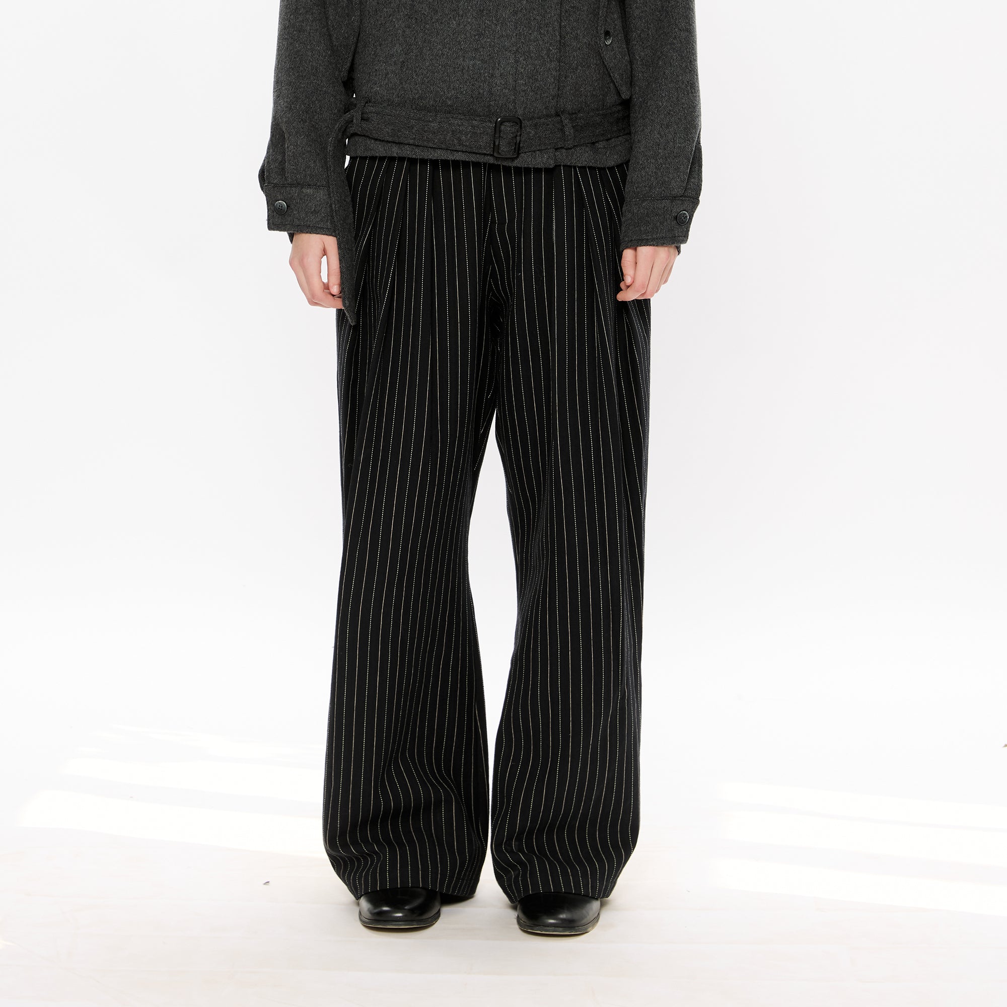 KREATE Pinstripe Pleated Draped Wide Trousers, premium urban and streetwear designers apparel on PROJECTISR.com, KREATE