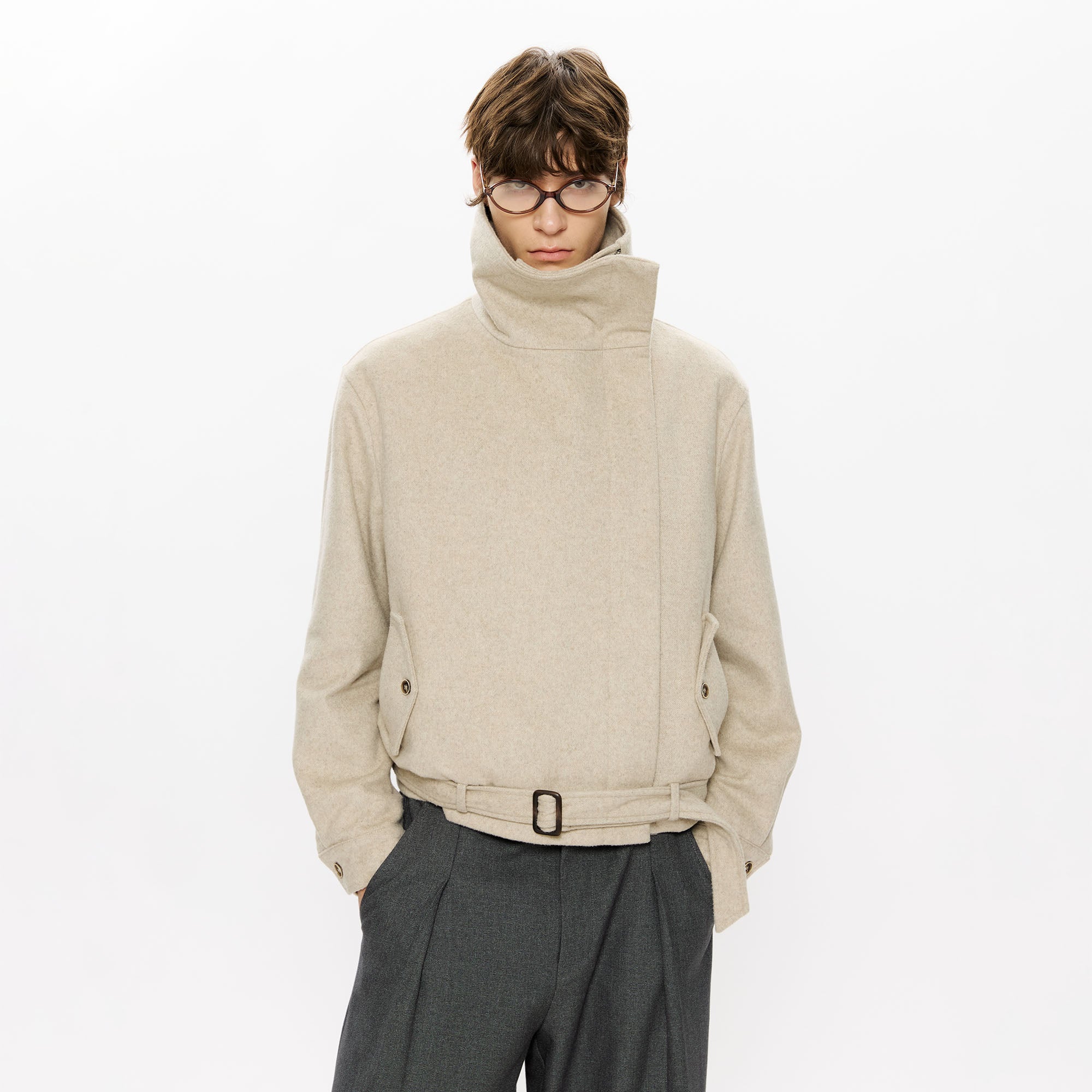KREATE Asymmetrical Funnel-Neck Wool-Blend Jacket, premium urban and streetwear designers apparel on PROJECTISR.com, KREATE