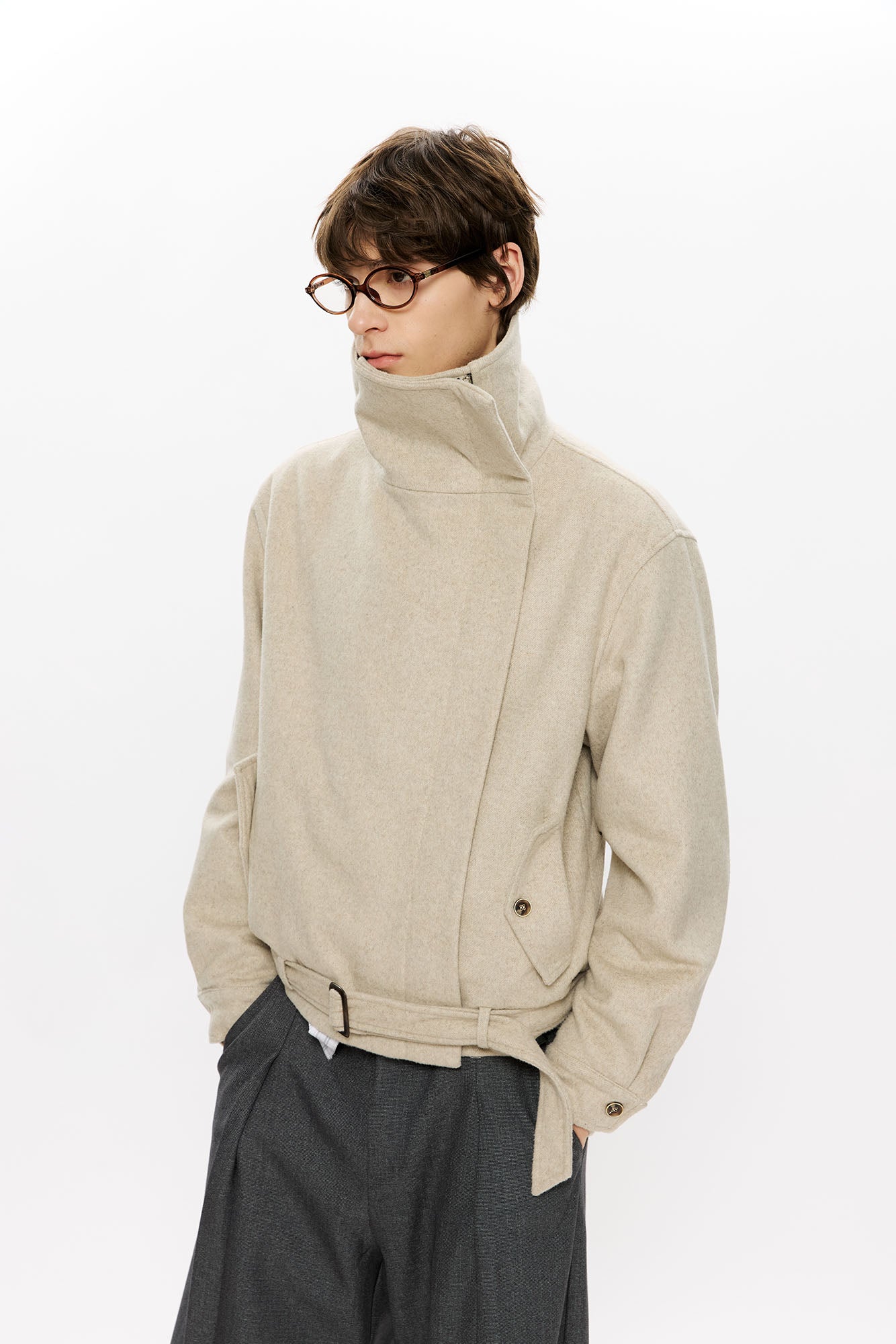 KREATE Asymmetrical Funnel-Neck Wool-Blend Jacket, premium urban and streetwear designers apparel on PROJECTISR.com, KREATE