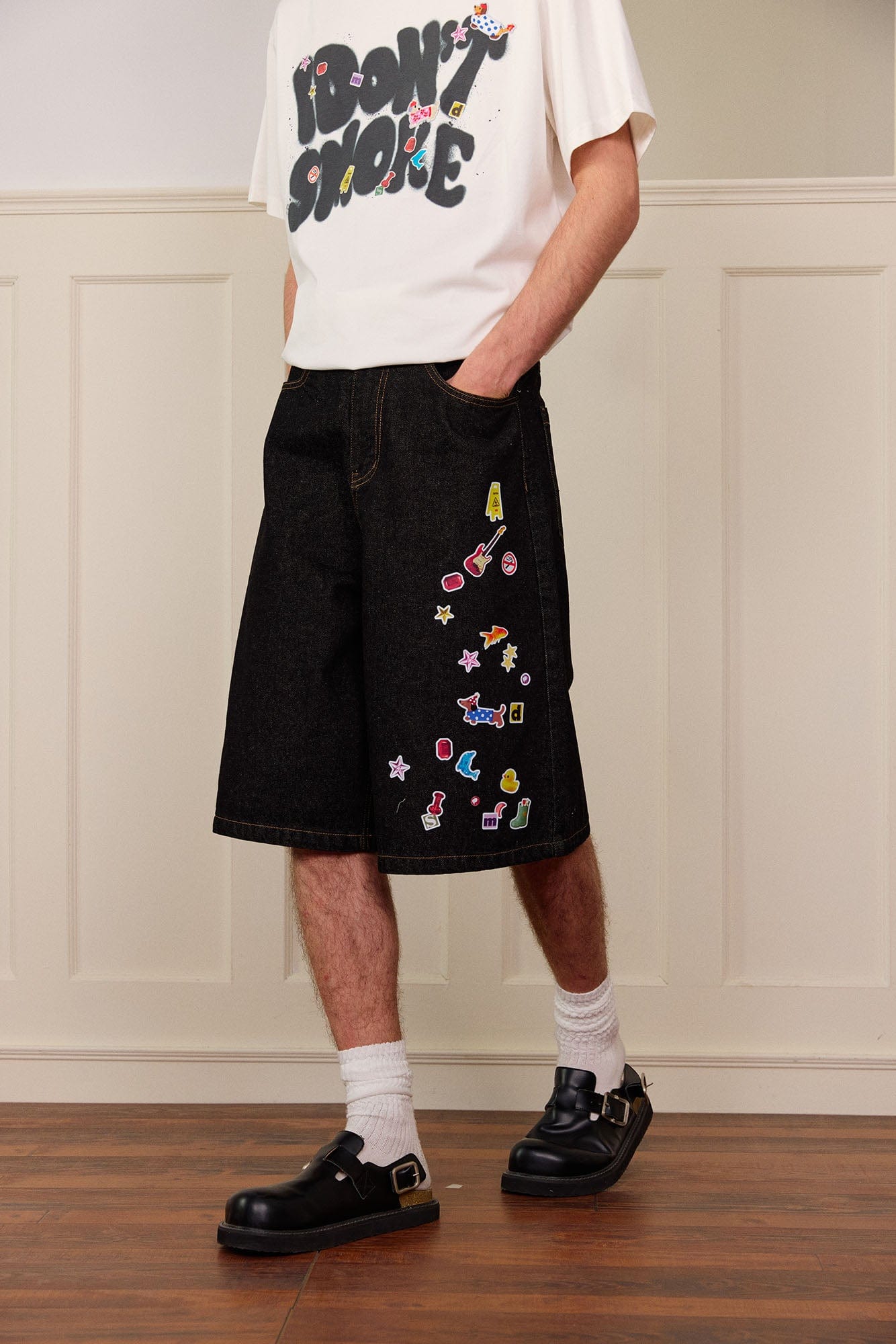 DONSMOKE Whimsical Stickers Washed Raw-Edge Shorts, premium urban and streetwear designers apparel on PROJECTISR.com, DONSMOKE
