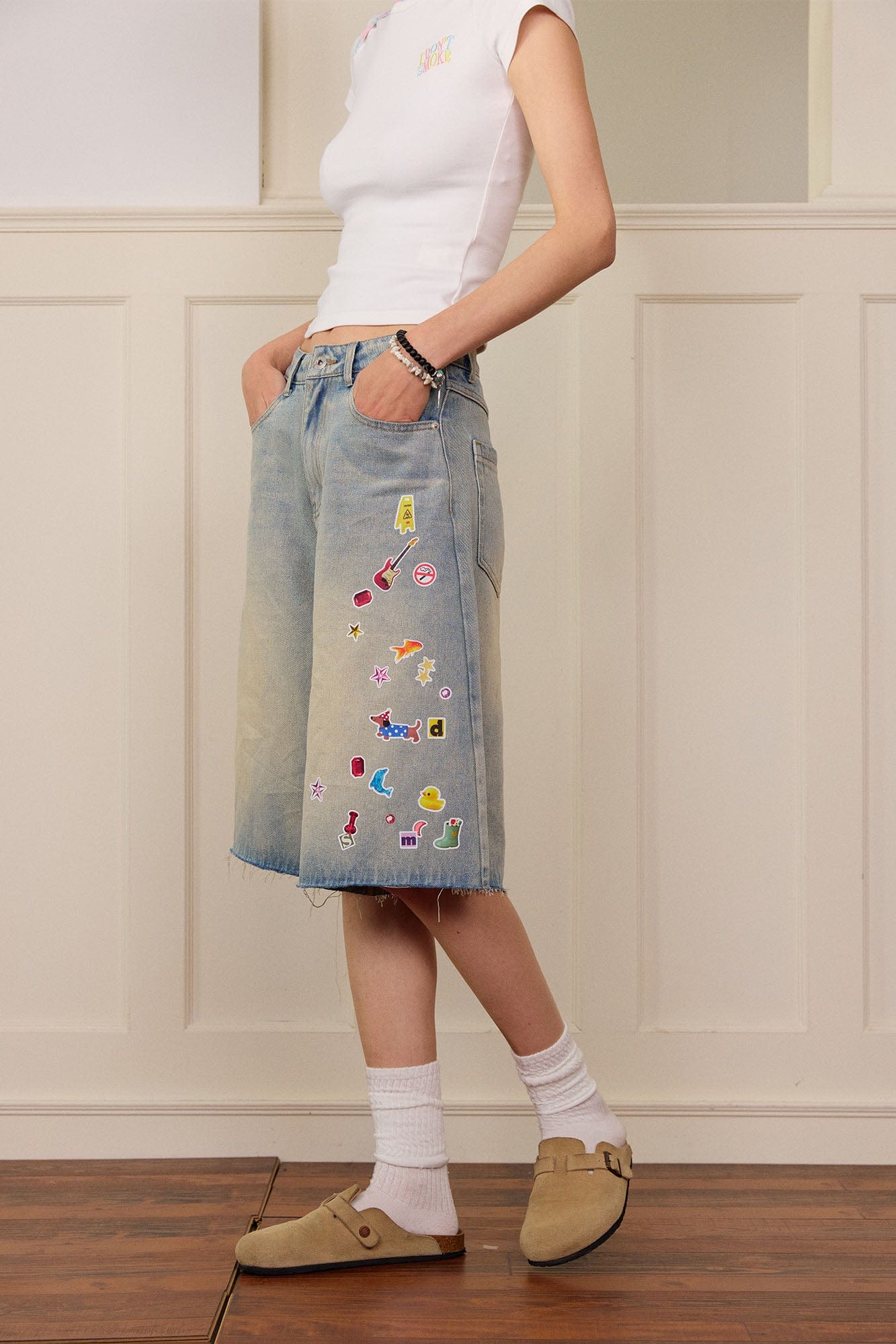DONSMOKE Whimsical Stickers Washed Raw-Edge Shorts, premium urban and streetwear designers apparel on PROJECTISR.com, DONSMOKE