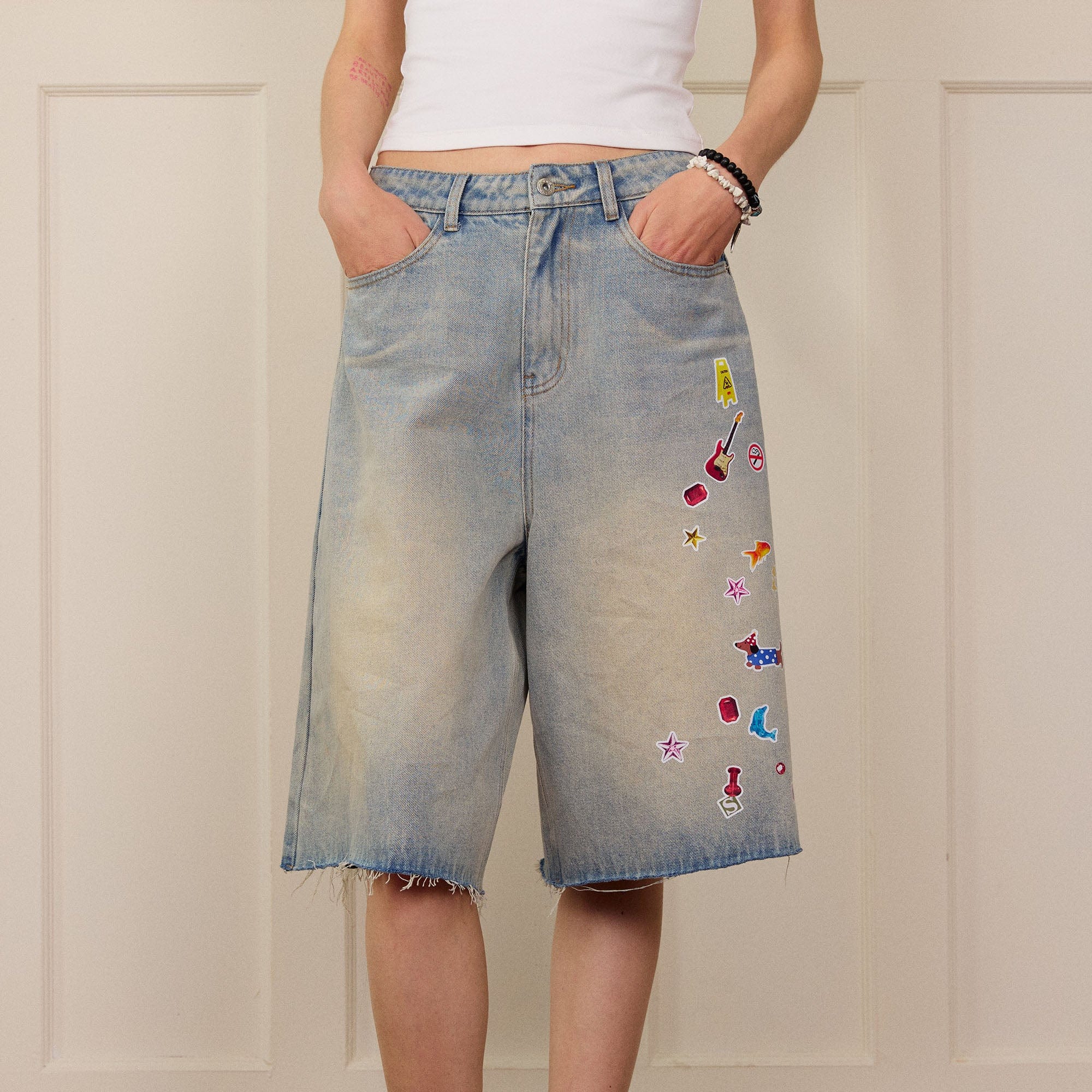 DONSMOKE Whimsical Stickers Washed Raw-Edge Shorts, premium urban and streetwear designers apparel on PROJECTISR.com, DONSMOKE