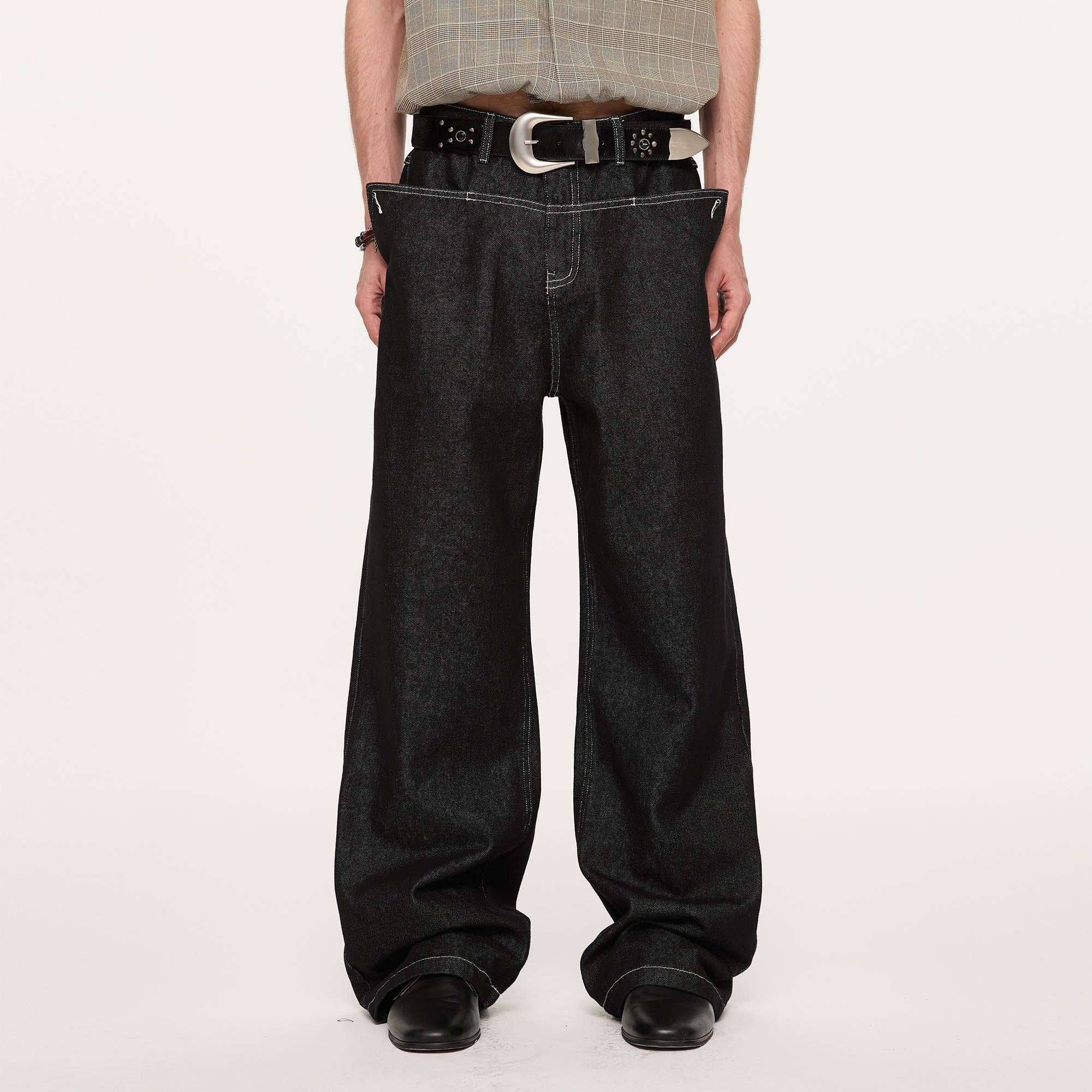 KREATE Panel Flap Plaid Pocket Jeans, premium urban and streetwear designers apparel on PROJECTISR.com, KREATE