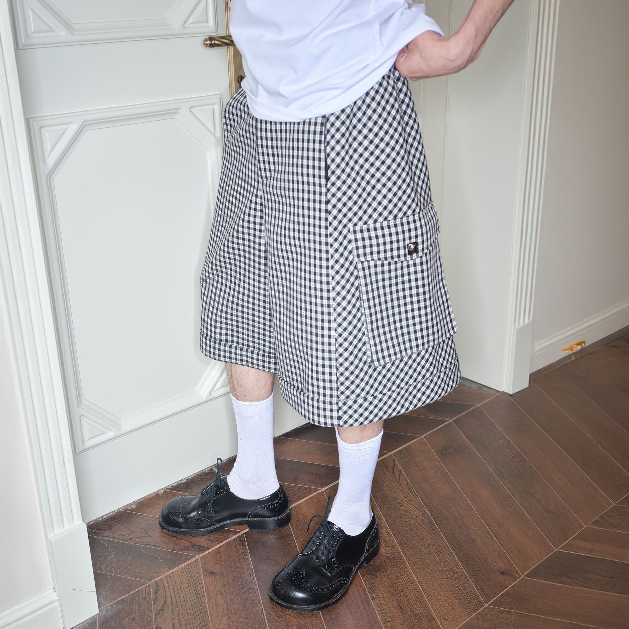 SOURPLUM Retro Gingham Spliced Oversized Shorts, premium urban and streetwear designers apparel on PROJECTISR.com, SOURPLUM