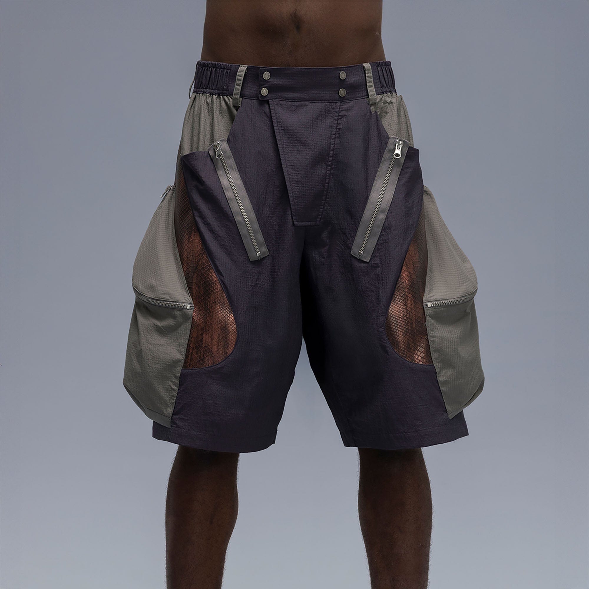 XIPHEVIL Snake Skin Contrast Panel Multi-Pocket Shorts, premium urban and streetwear designers apparel on PROJECTISR.com, XIPHEVIL