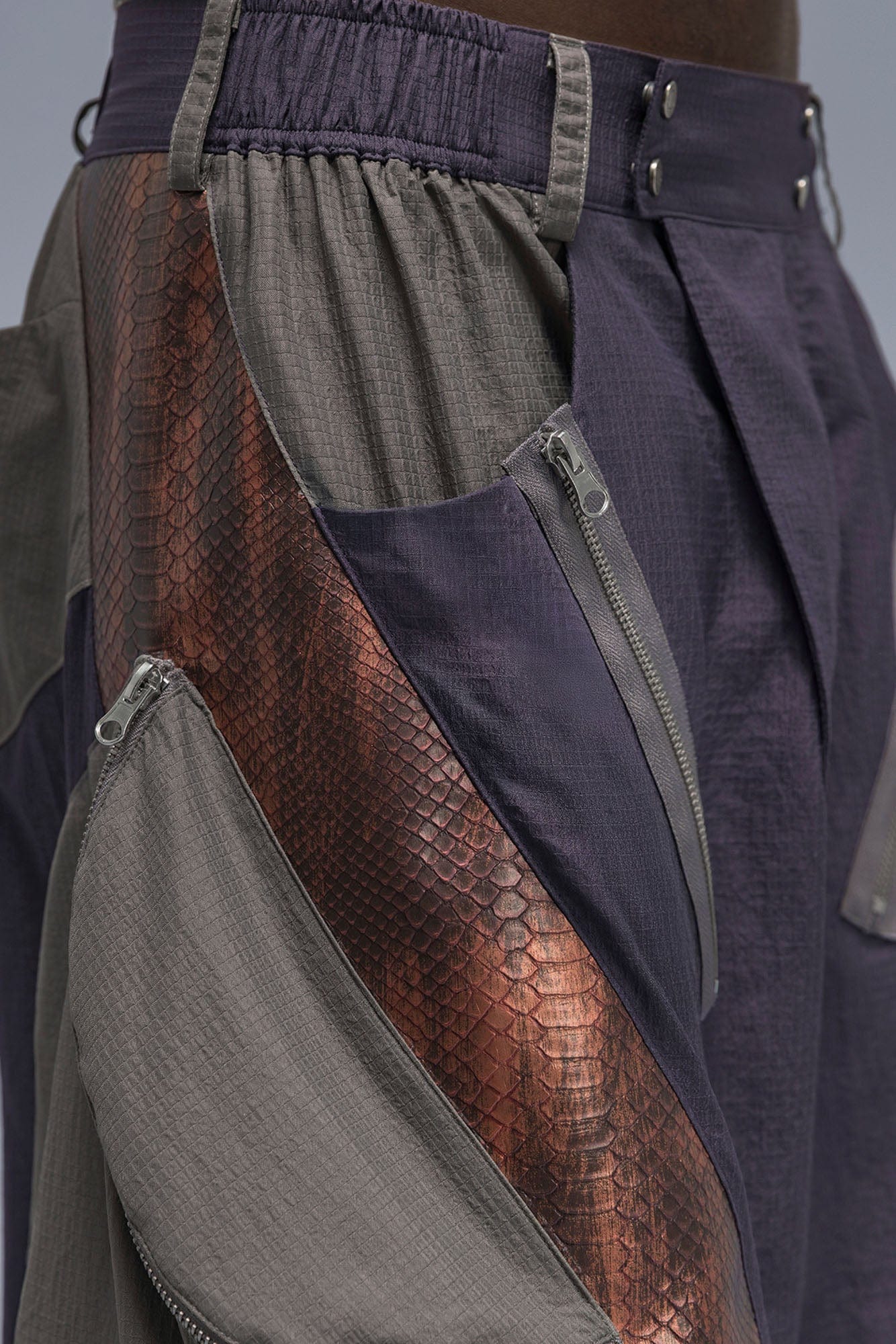 XIPHEVIL Snake Skin Contrast Panel Multi-Pocket Shorts, premium urban and streetwear designers apparel on PROJECTISR.com, XIPHEVIL