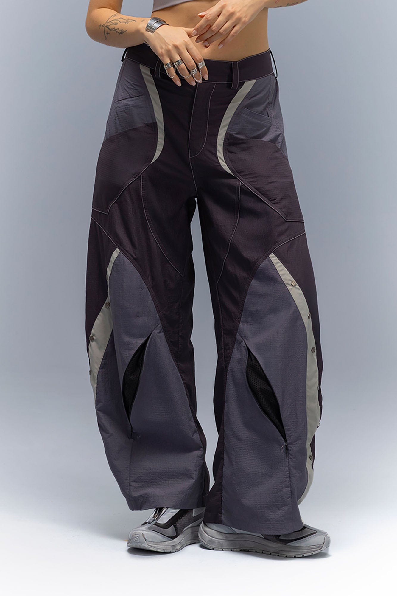 XIPHEVIL Deconstructed Contrast Panel Utility Curved Pants, premium urban and streetwear designers apparel on PROJECTISR.com, XIPHEVIL
