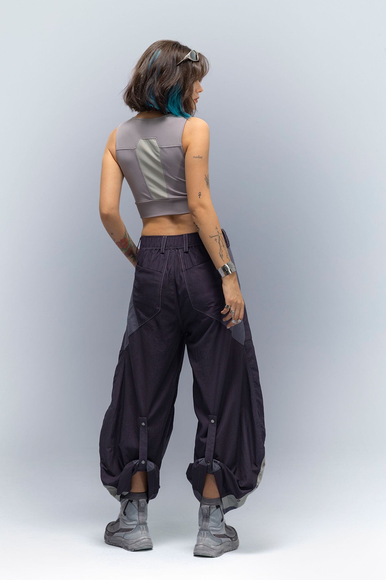 XIPHEVIL Deconstructed Contrast Panel Utility Curved Pants, premium urban and streetwear designers apparel on PROJECTISR.com, XIPHEVIL